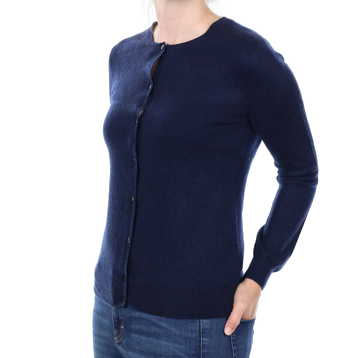 Navy Blue Cashmere Crew Neck Cardigan Small
