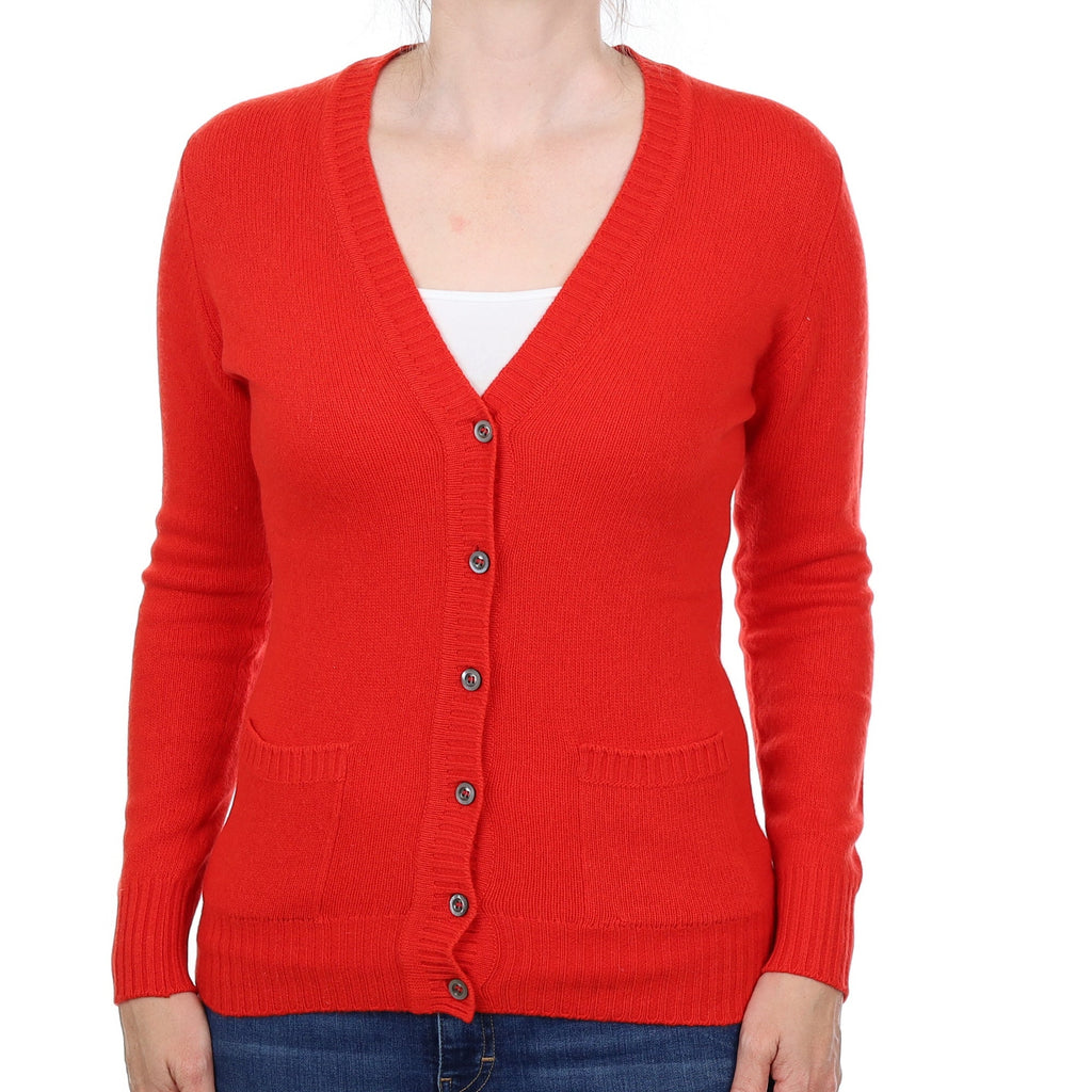 Scottish Vermillion Red Cashmere V Neck Cardigan withs Pockets Small
