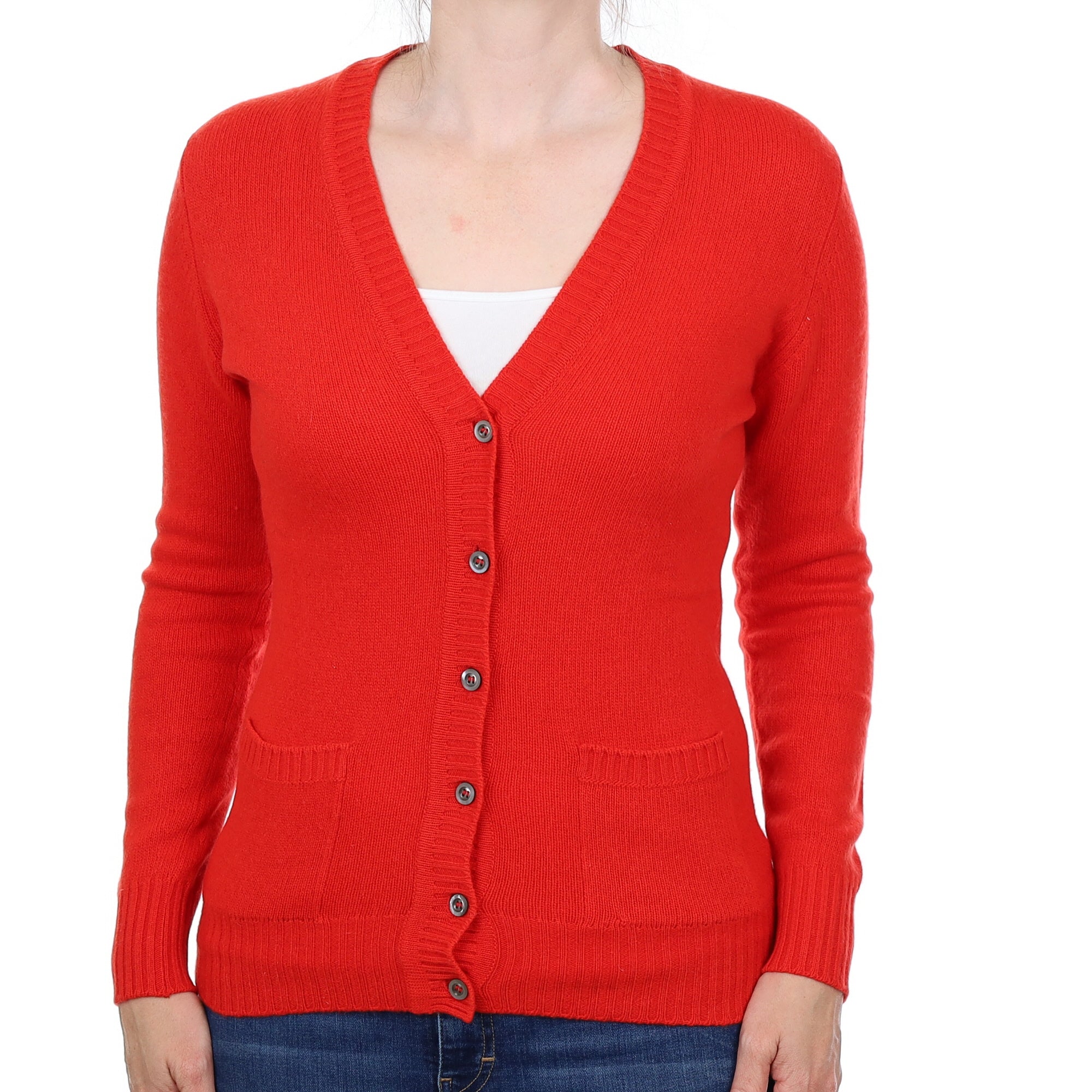Scottish Vermillion Red Cashmere V Neck Cardigan withs Pockets Small