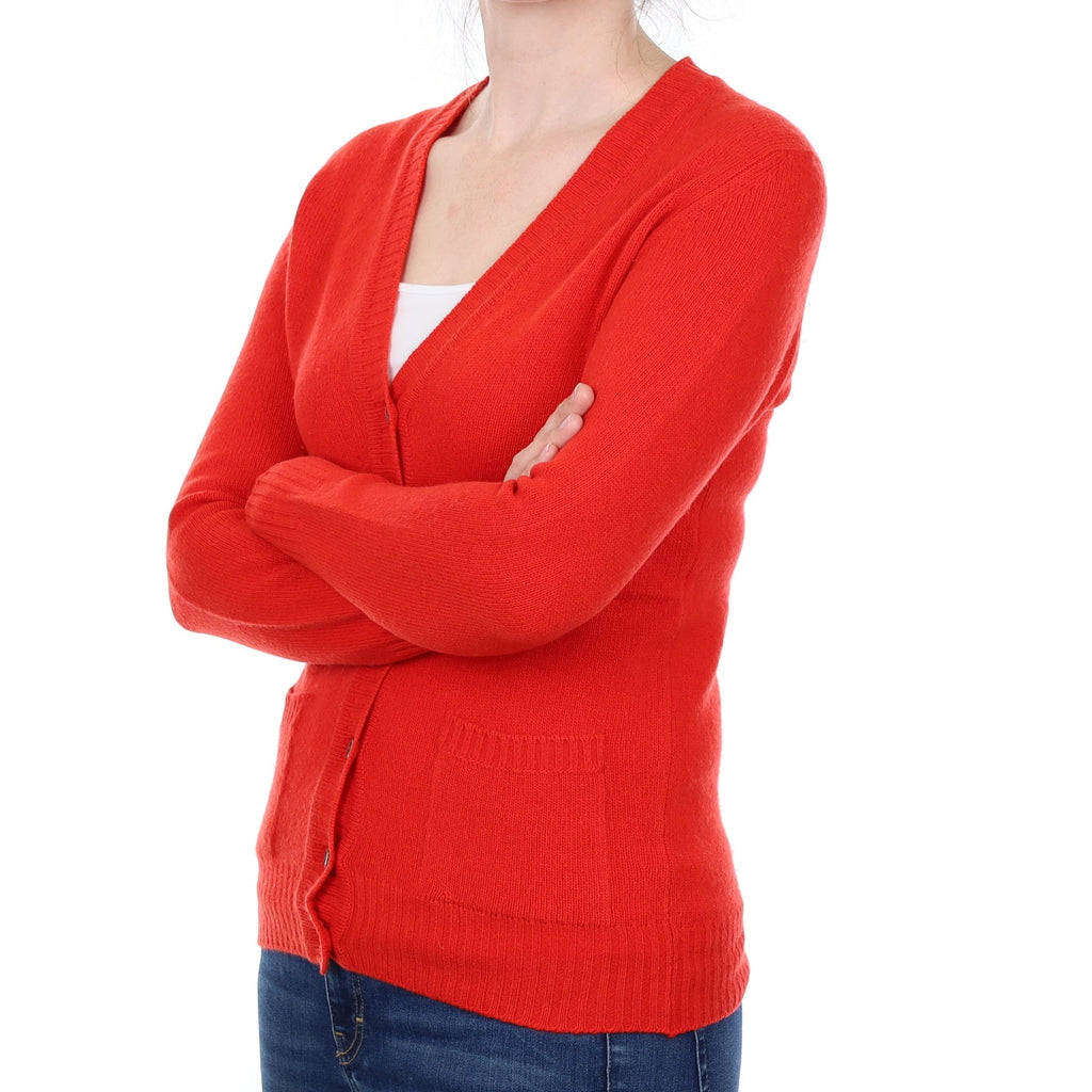 Scottish Vermillion Red Cashmere V Neck Cardigan withs Pockets Small