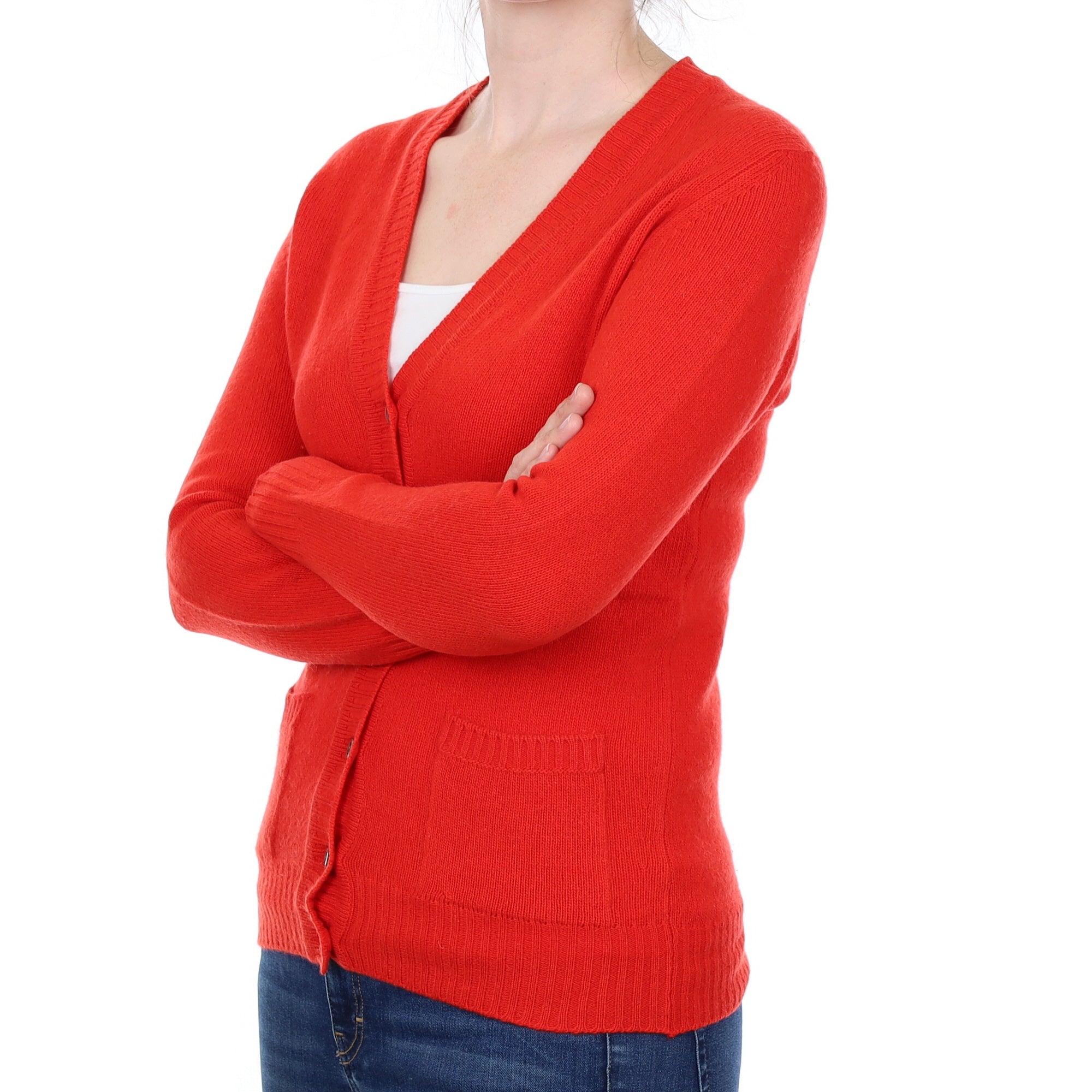 Scottish Vermillion Red Cashmere V Neck Cardigan withs Pockets Small