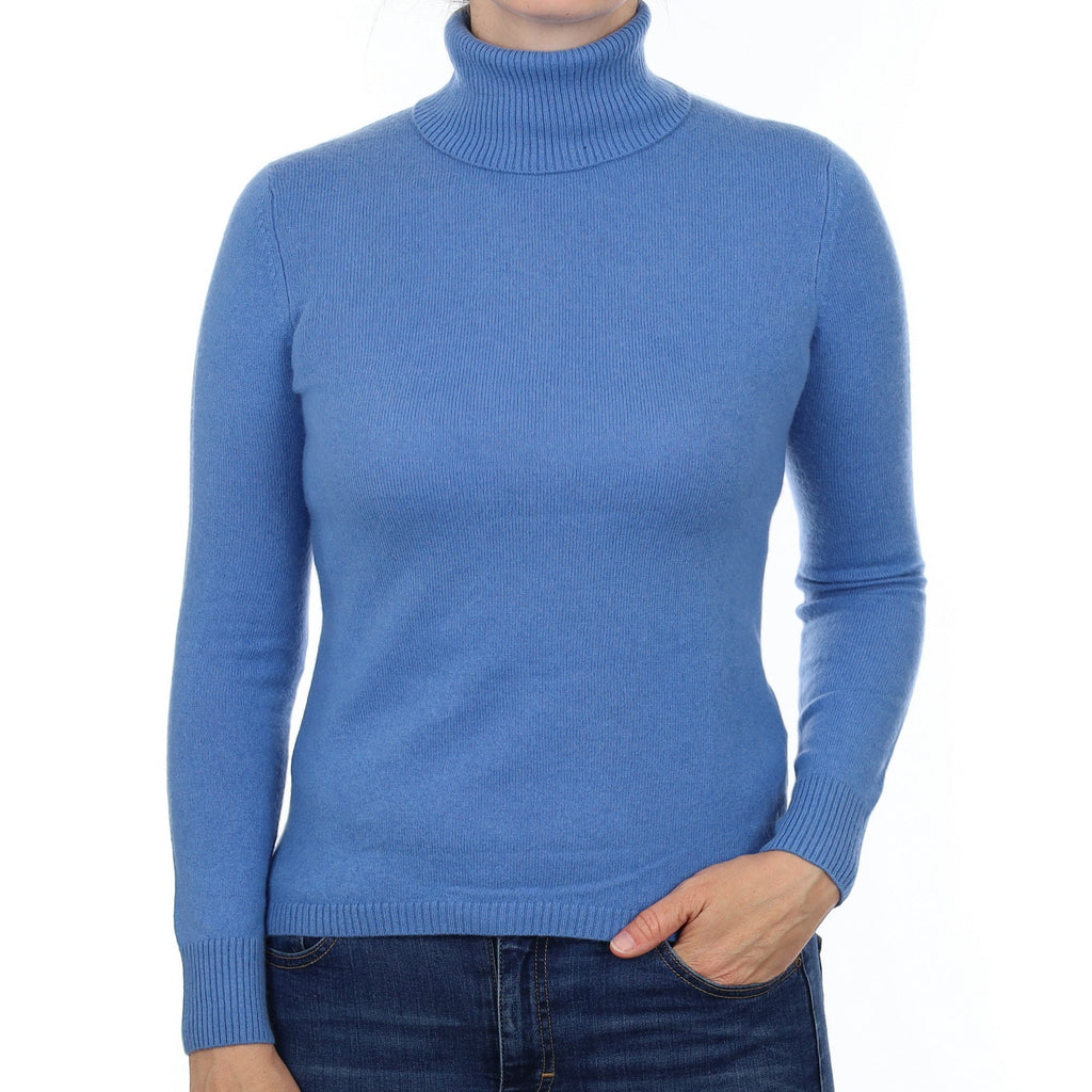 Cornflower Blue Cashmere Polo Neck Jumper Small