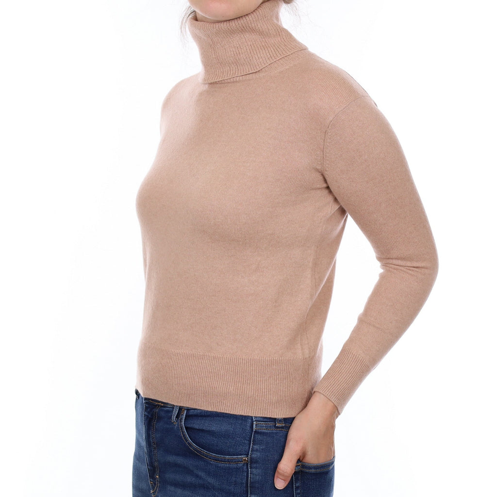 Buff Beige Cashmere Polo Neck Jumper Small