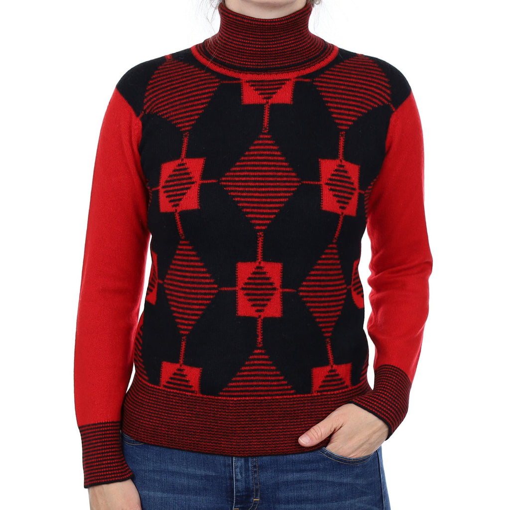 Red and Black Patterned Cashmere Polo Neck Jumper Small