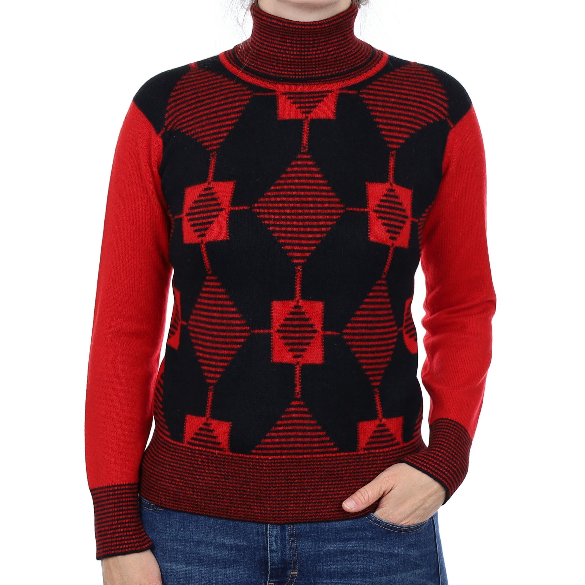 Red and Black Patterned Cashmere Polo Neck Jumper Small