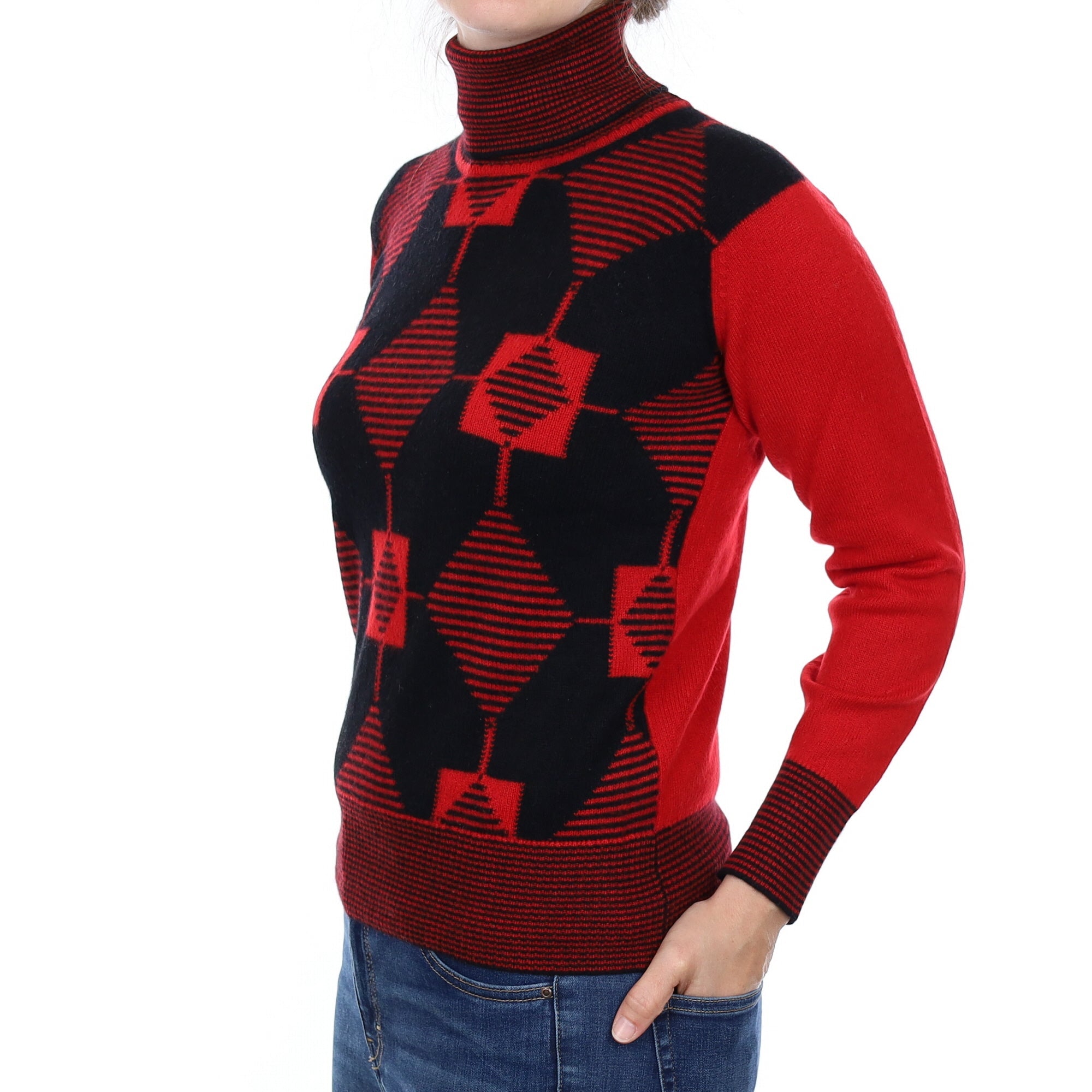 Red and Black Patterned Cashmere Polo Neck Jumper Small