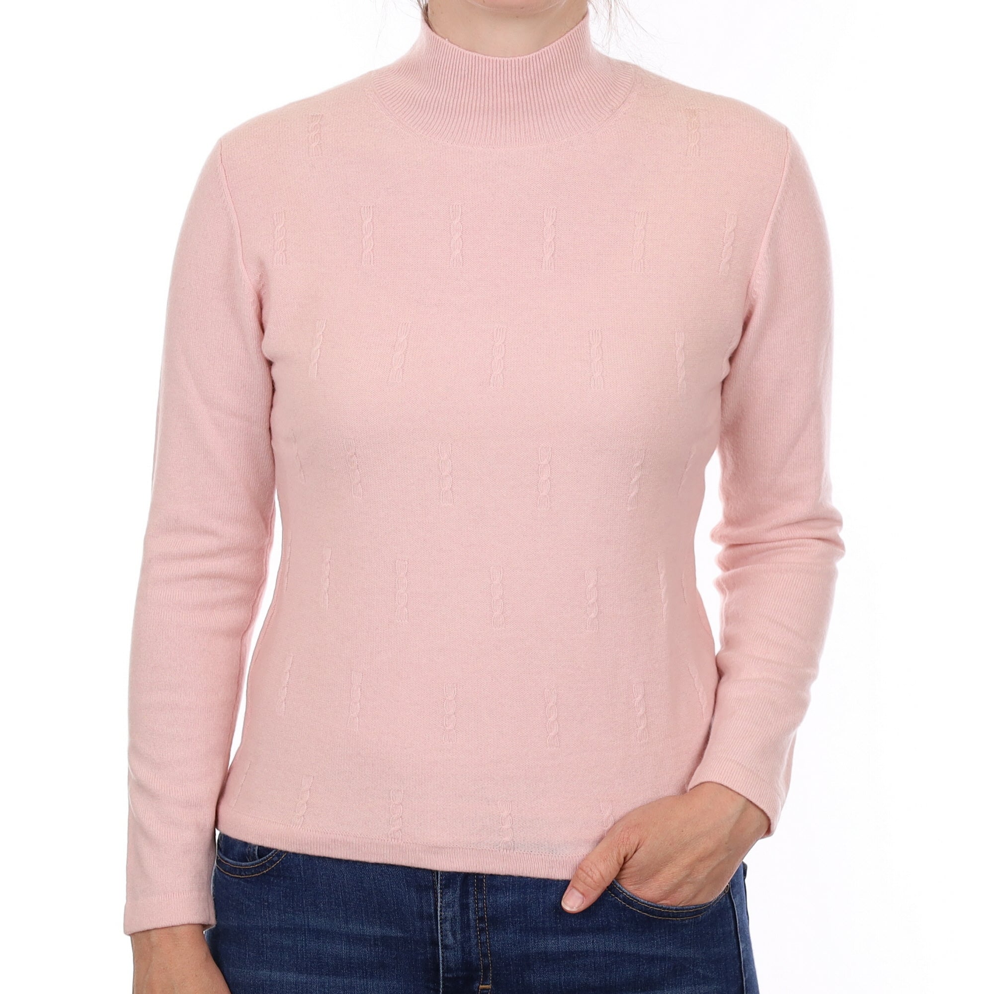 Carnation Pink Textured Front Cashmere Turtle Neck Jumper Small