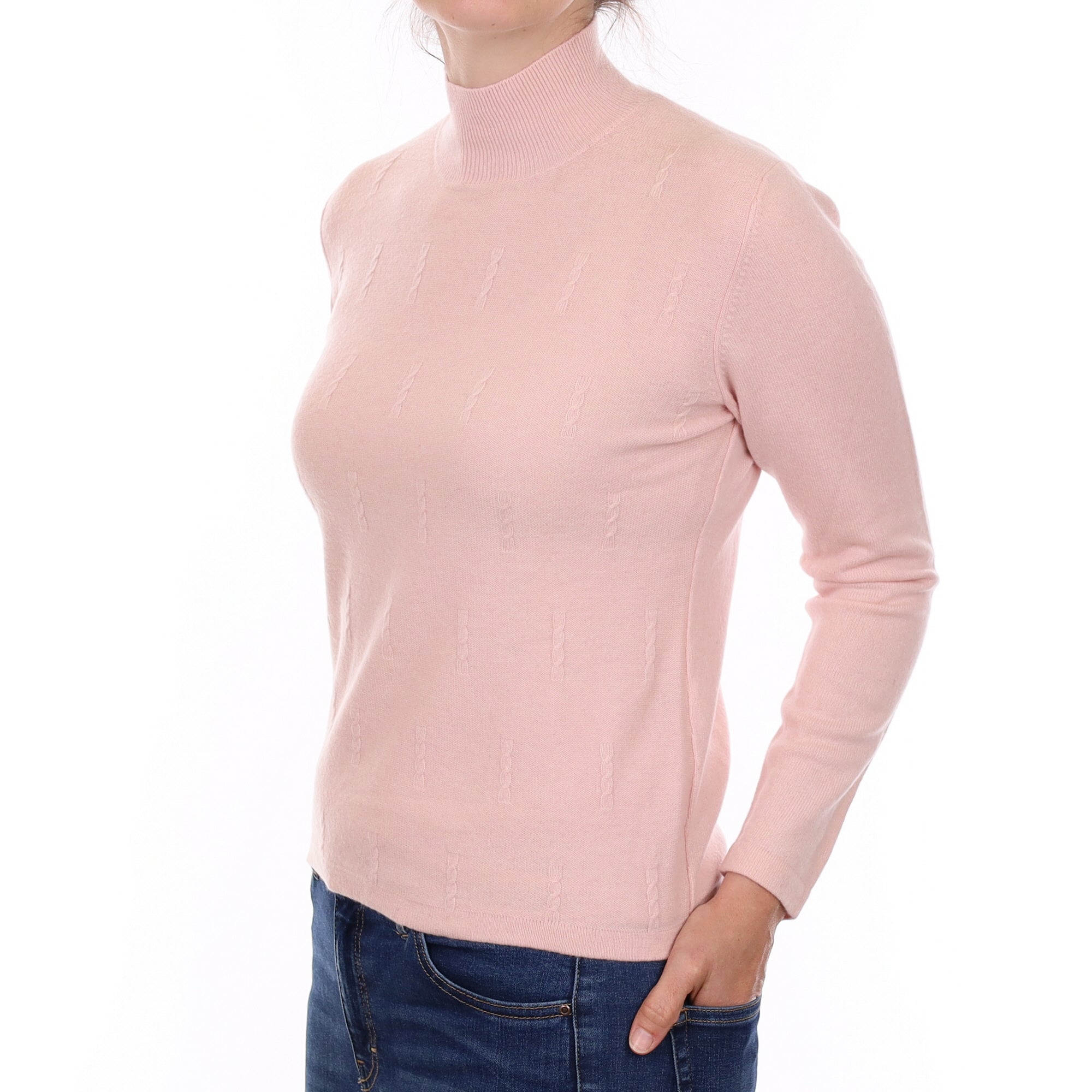 Carnation Pink Textured Front Cashmere Turtle Neck Jumper Small