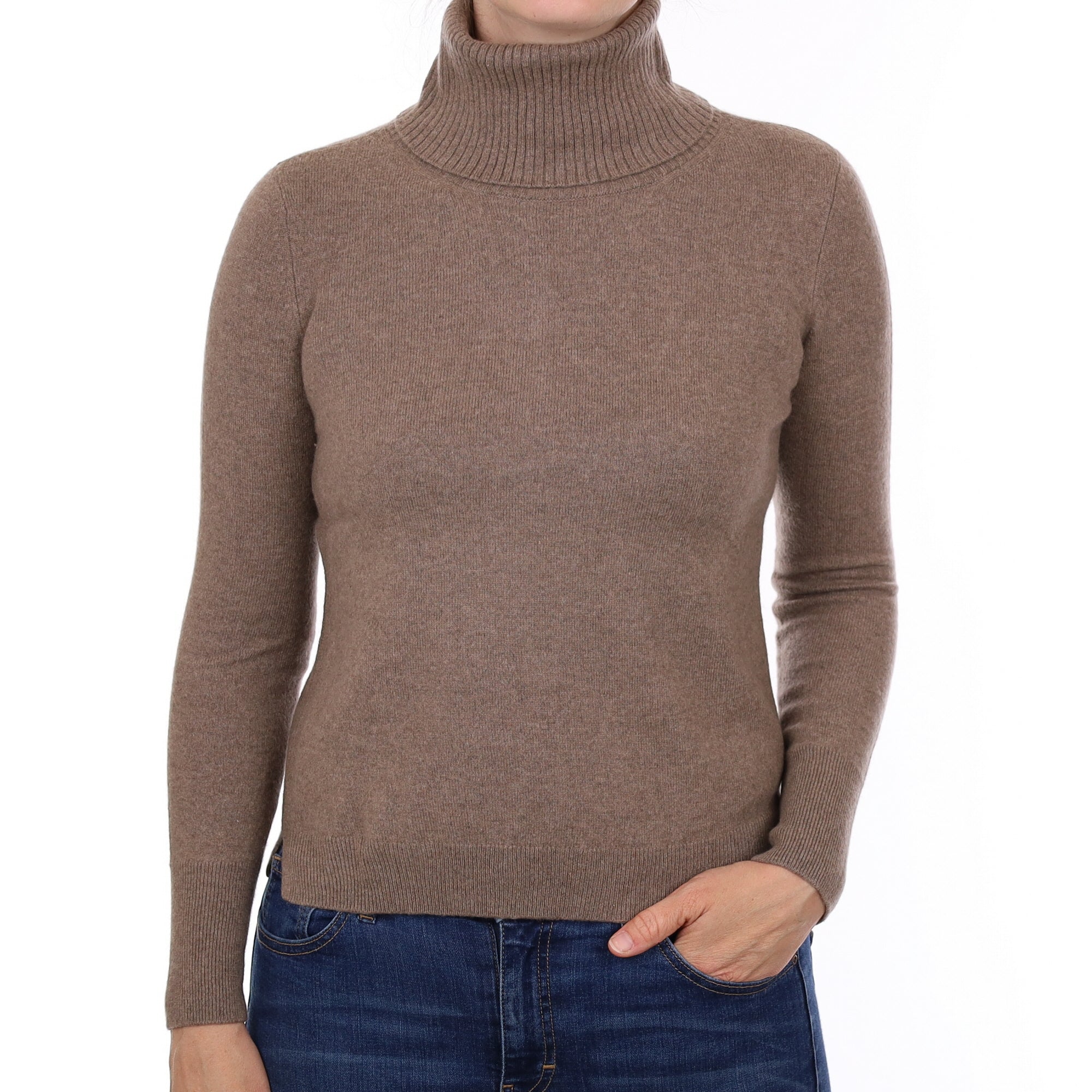 Mink Brown Cashmere Polo Neck Jumper Small