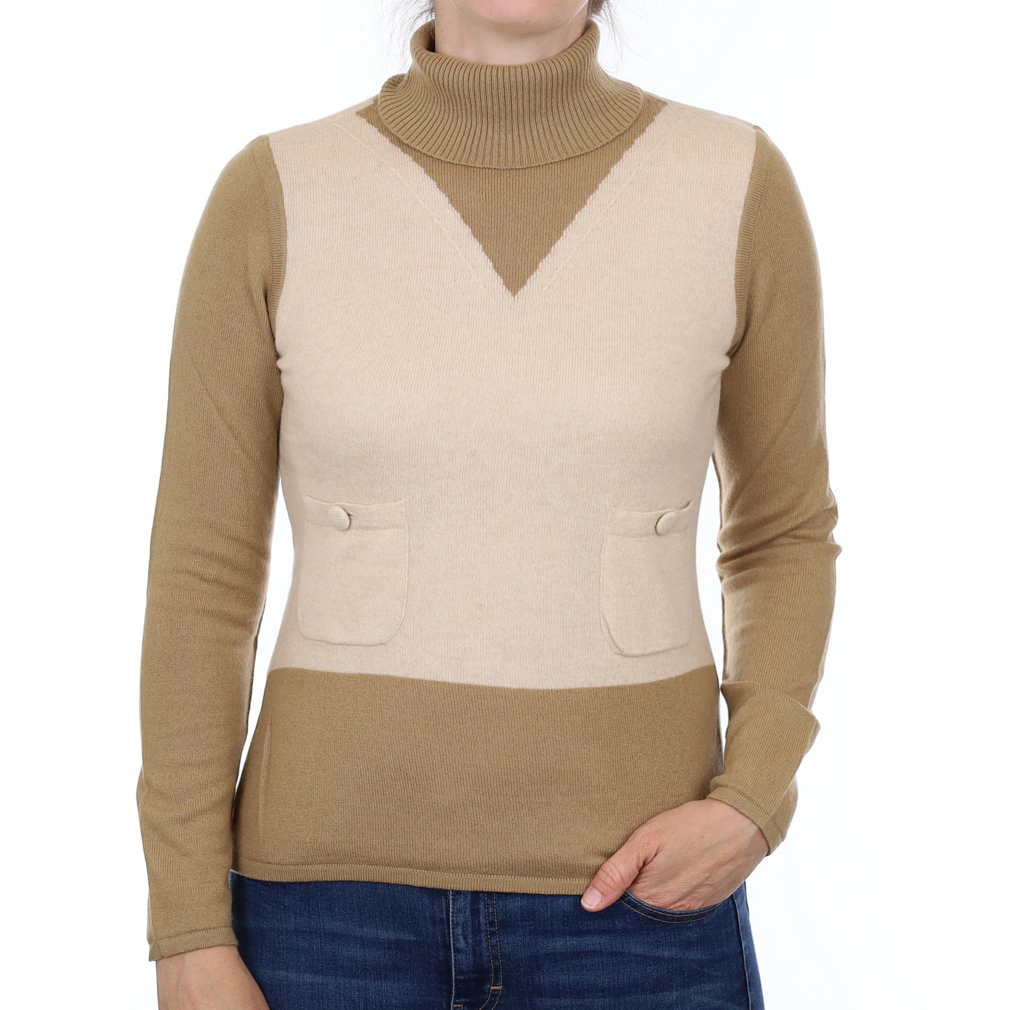 Camel and Oatmeal Cashmere Polo Neck Jumper with Pockets Small