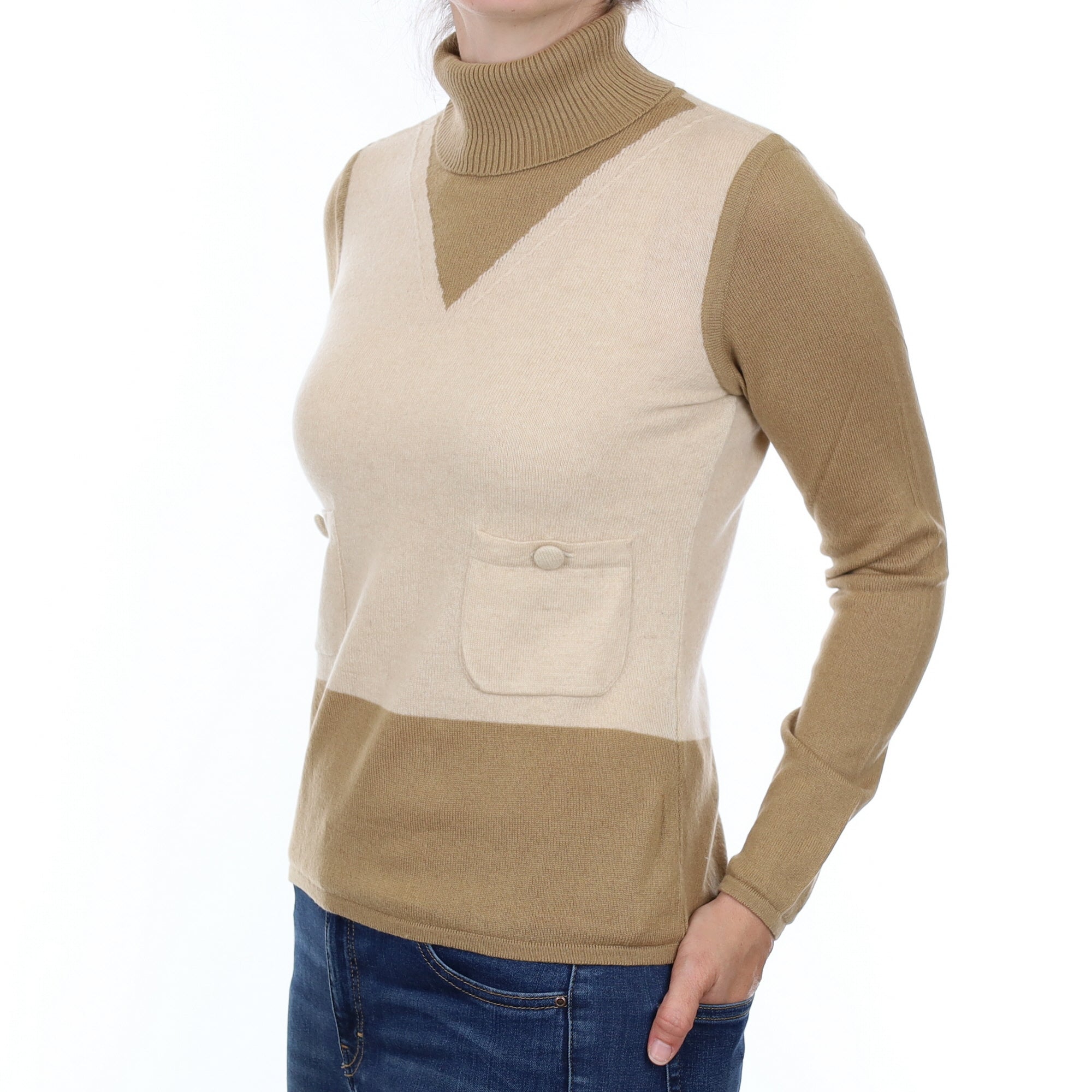 Camel and Oatmeal Cashmere Polo Neck Jumper with Pockets Small