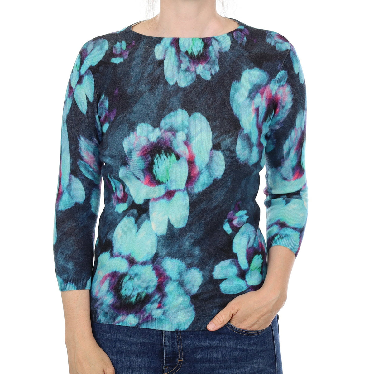 Navy and Aqua Floral Cashmere Crew Neck Jumper Small