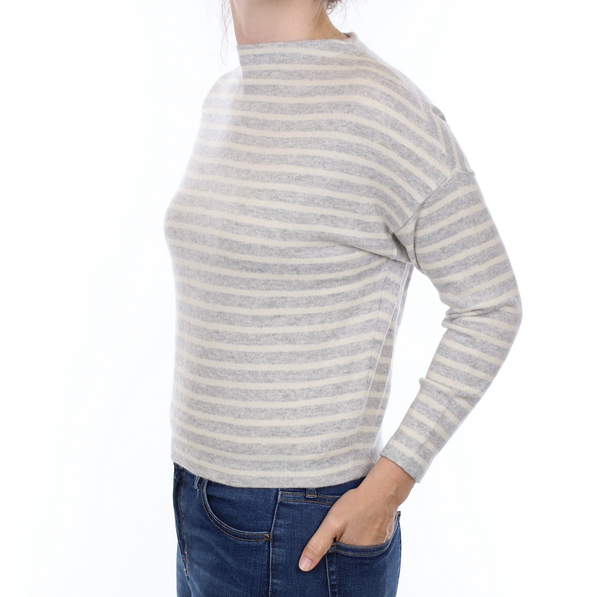 Mist and Ivory Stripe Cashmere Boat Neck Jumper Small