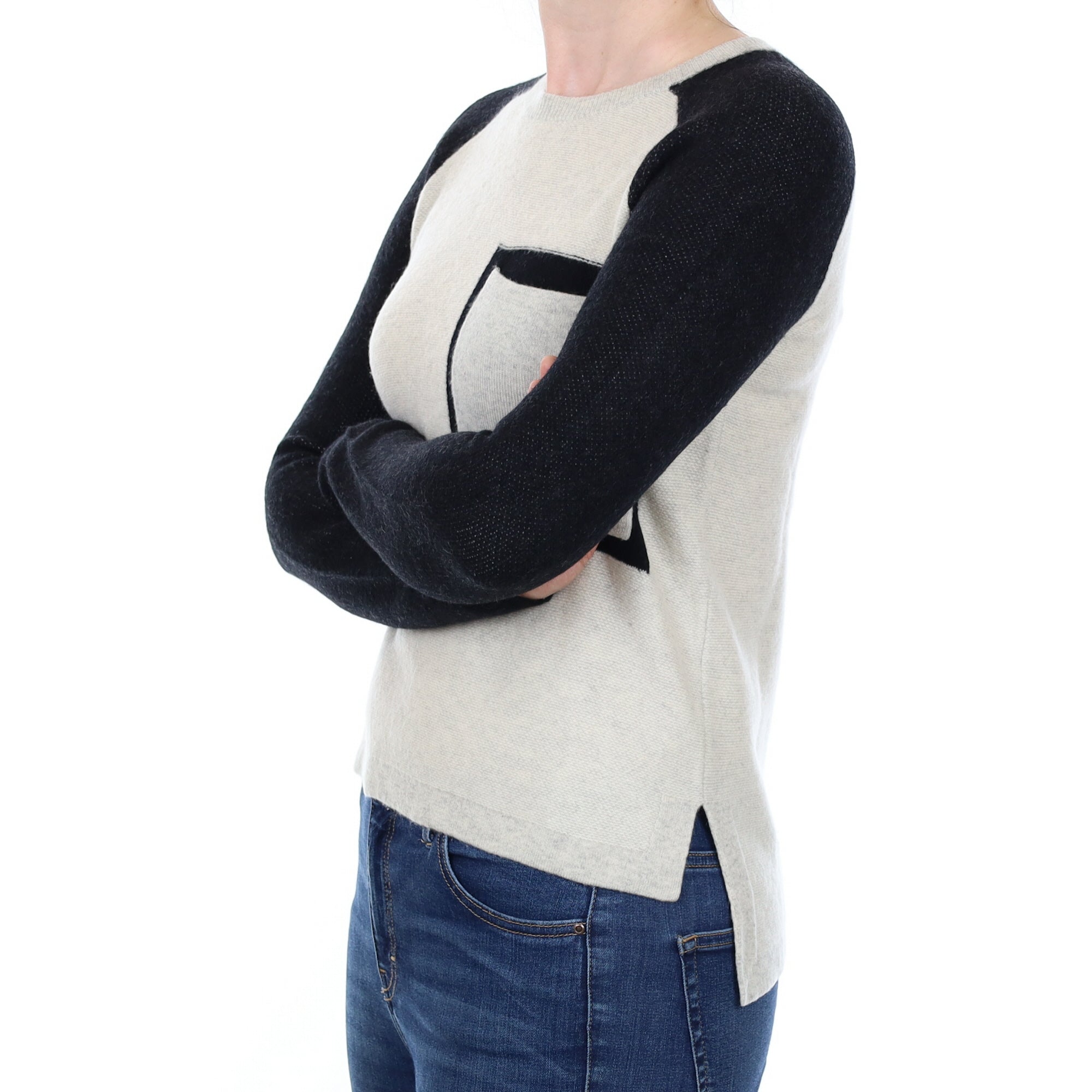 Derek Lam Grey and Black Cashmere Crew Neck Jumper with Pocket Small