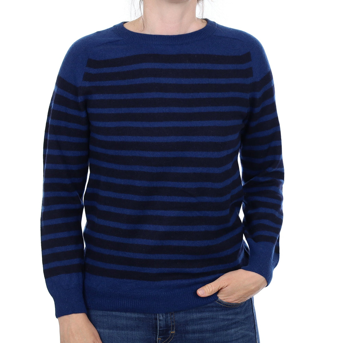 Navy and Blue Stripe Cashmere Crew Neck Jumper Small