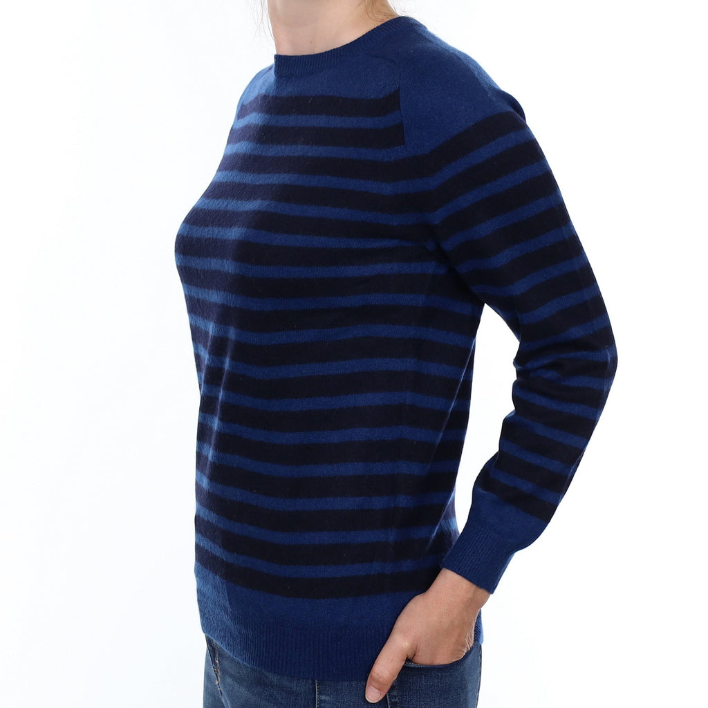 Navy and Blue Stripe Cashmere Crew Neck Jumper Small