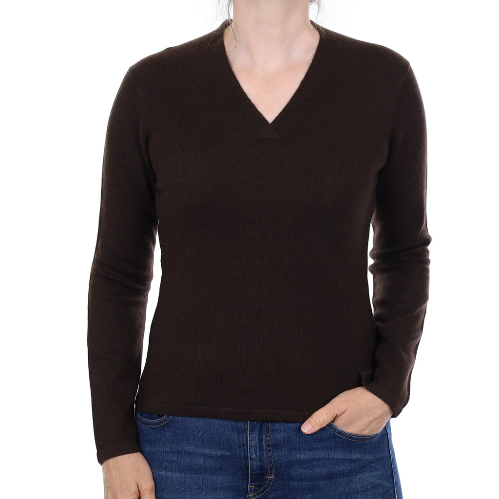 Dark Chocolate Cashmere V Neck Jumper Small