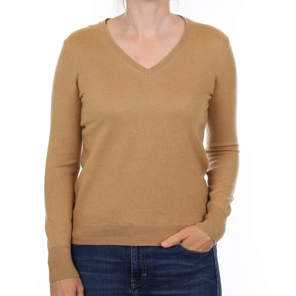 Camel Brown Cashmere V Neck Jumper Small