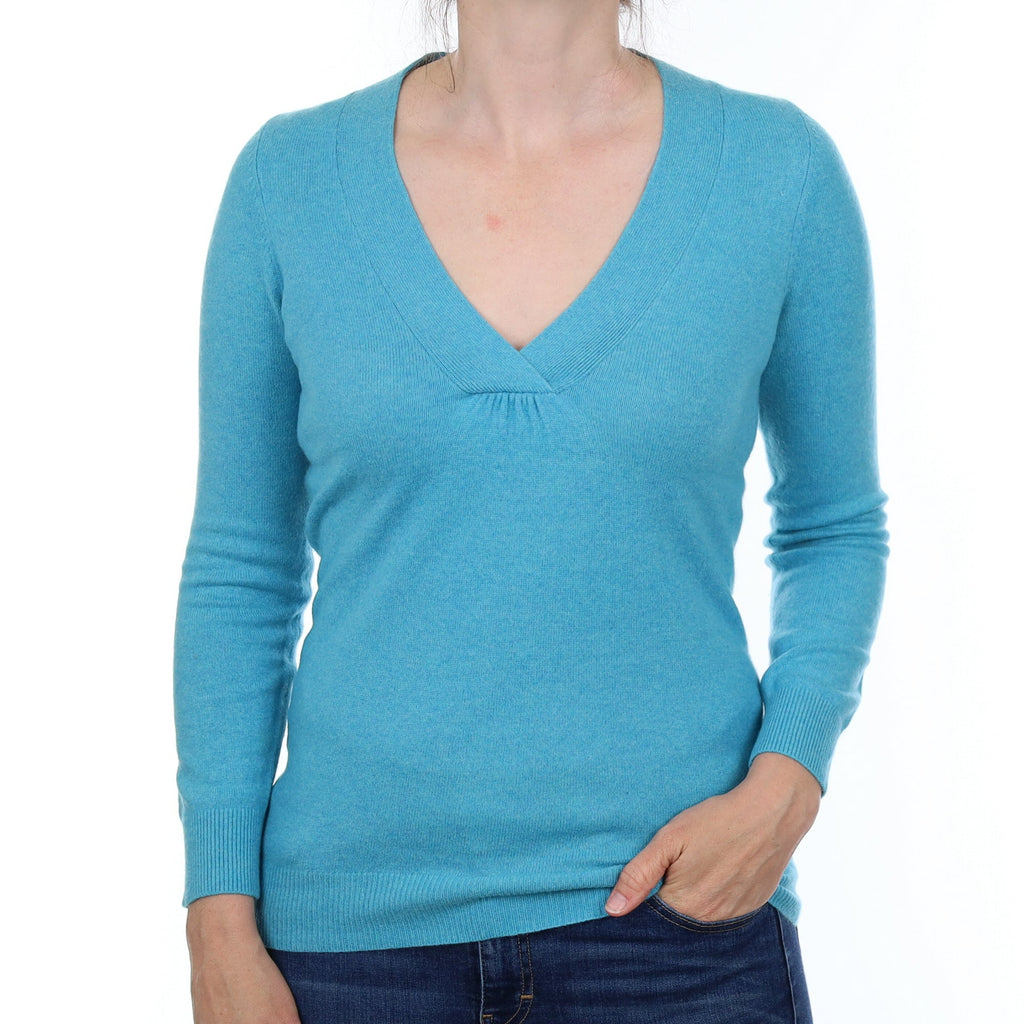 Turquoise Blue Cashmere V Neck Jumper Small