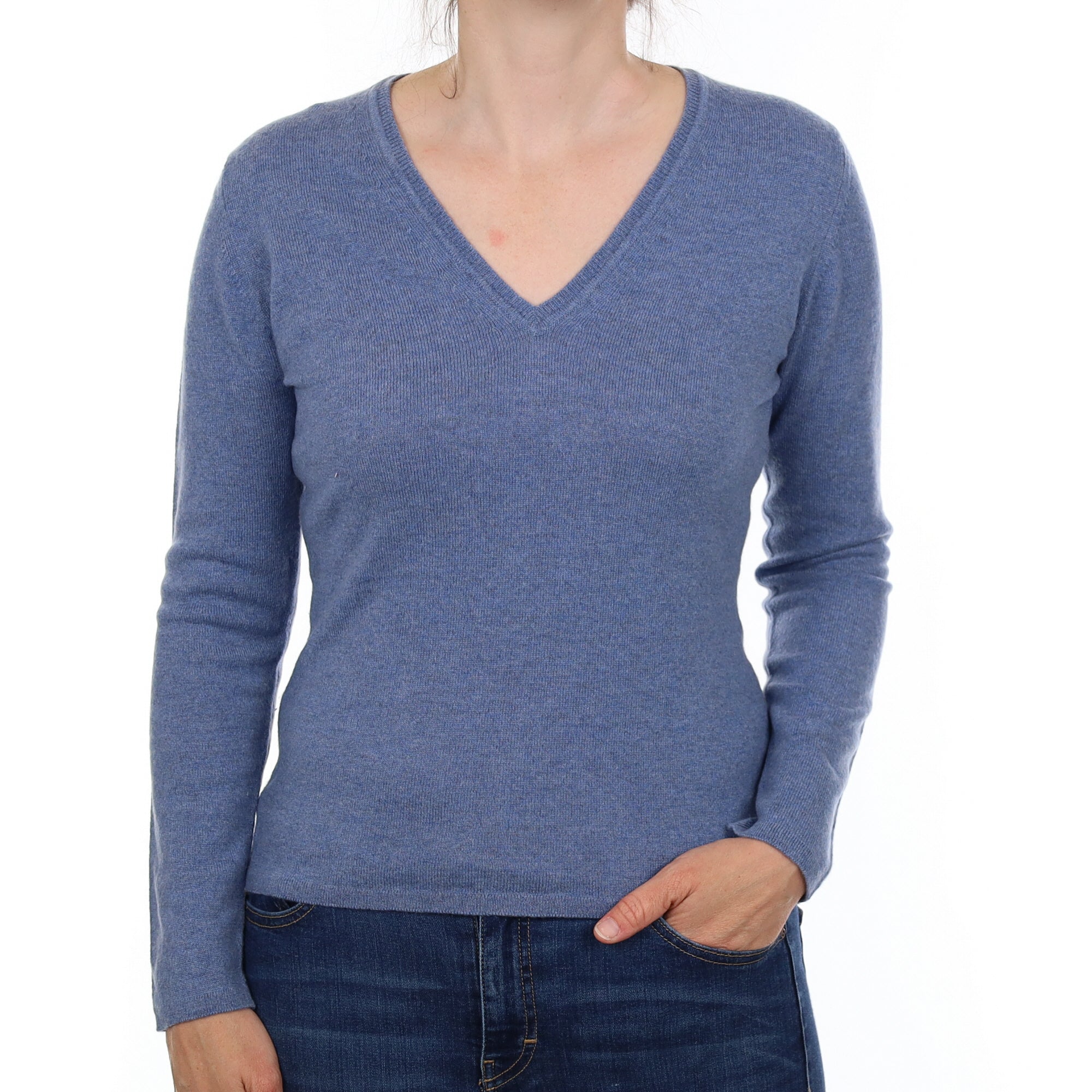 Scottish Denim Blue Cashmere V Neck Jumper Small