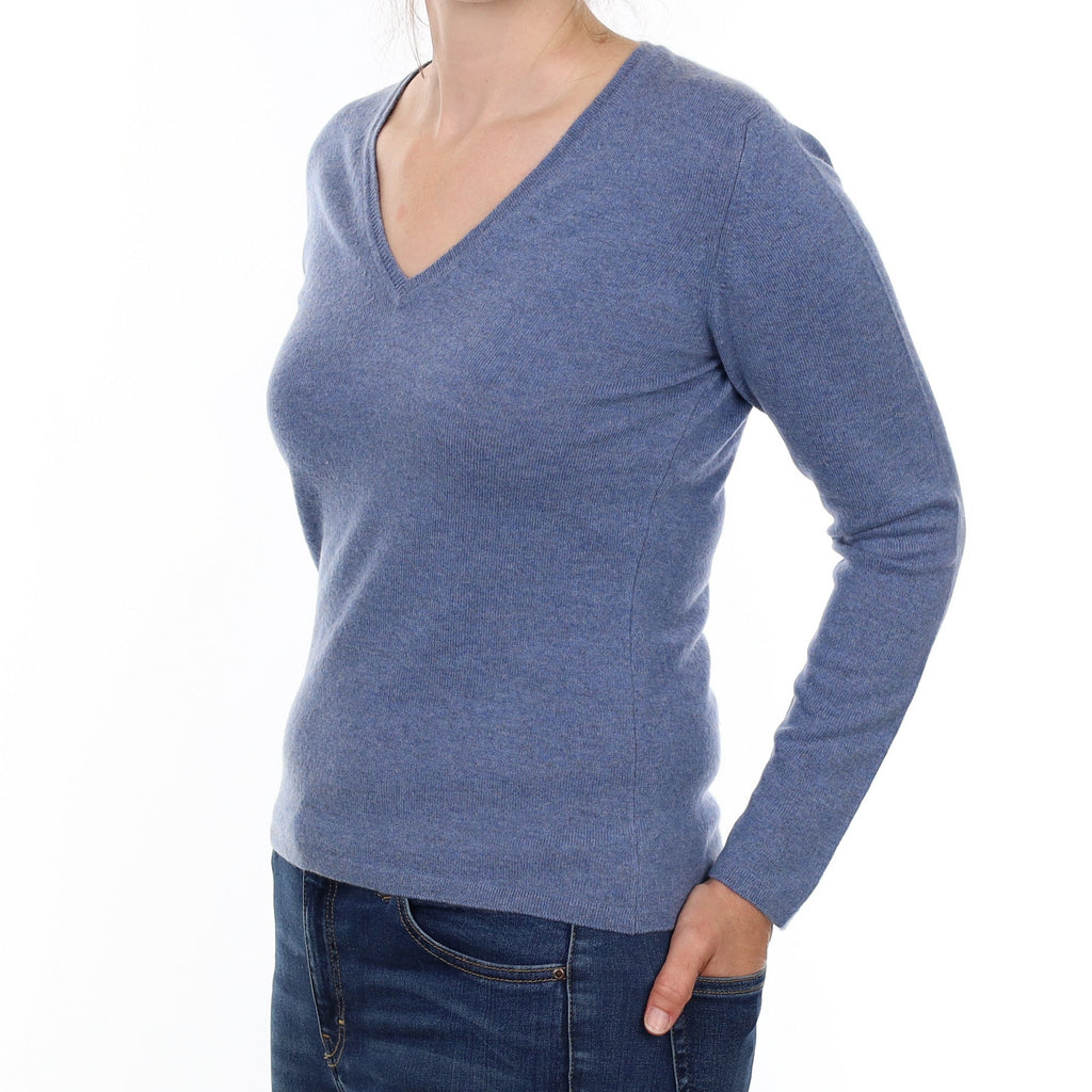 Scottish Denim Blue Cashmere V Neck Jumper Small
