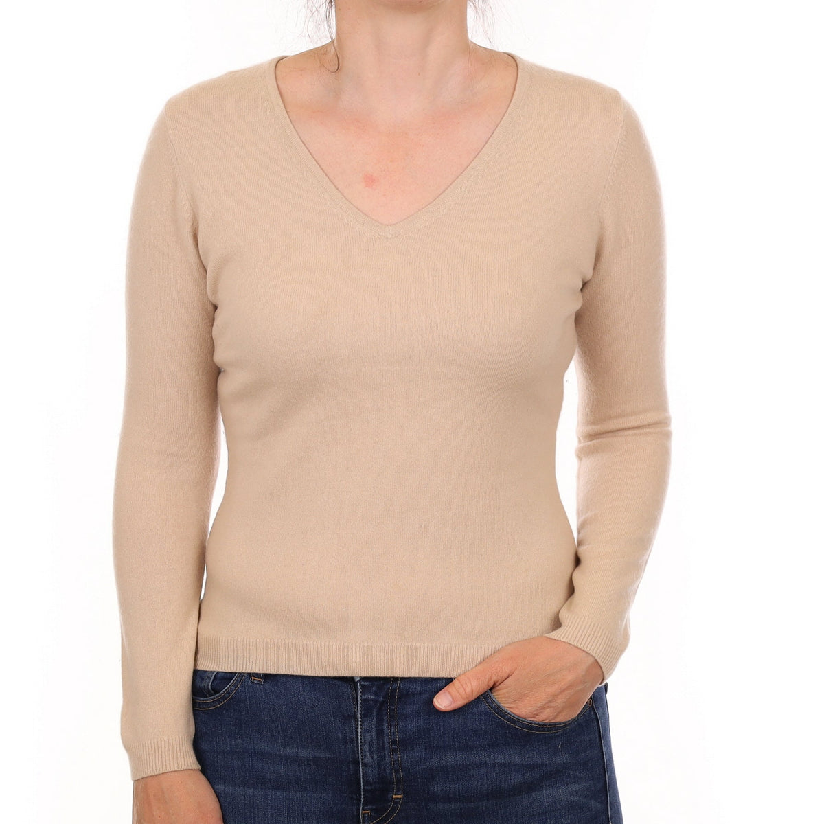 Almond Cream Cashmere V Neck Jumper Small