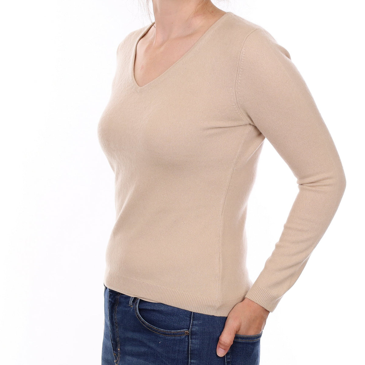 Almond Cream Cashmere V Neck Jumper Small