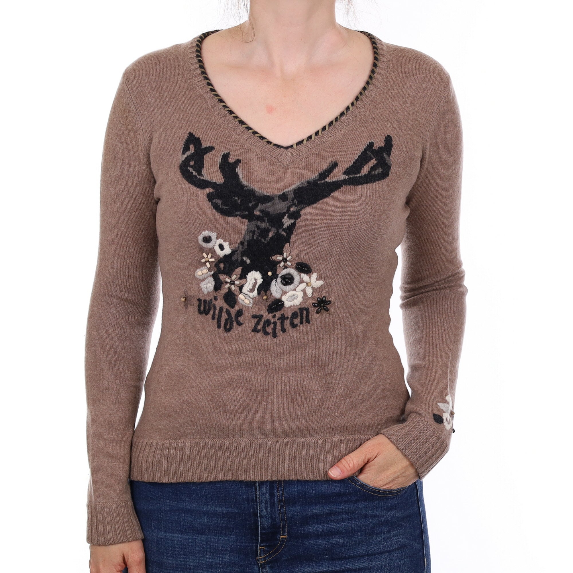 Mocha Deer Motif Cashmere V Neck Jumper Small