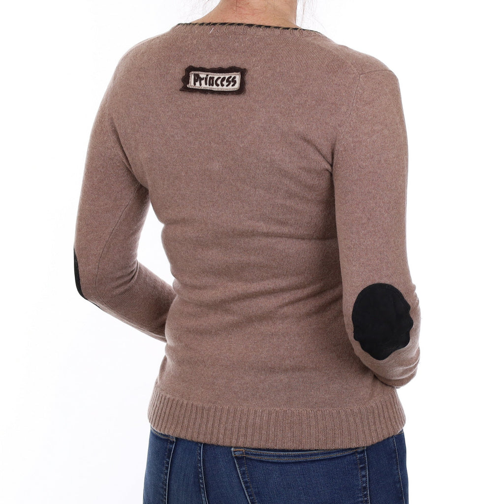 Mocha Deer Motif Cashmere V Neck Jumper Small