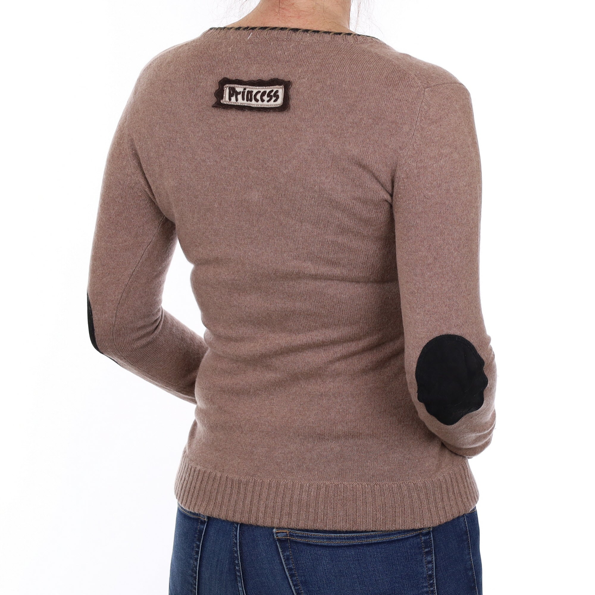 Mocha Deer Motif Cashmere V Neck Jumper Small