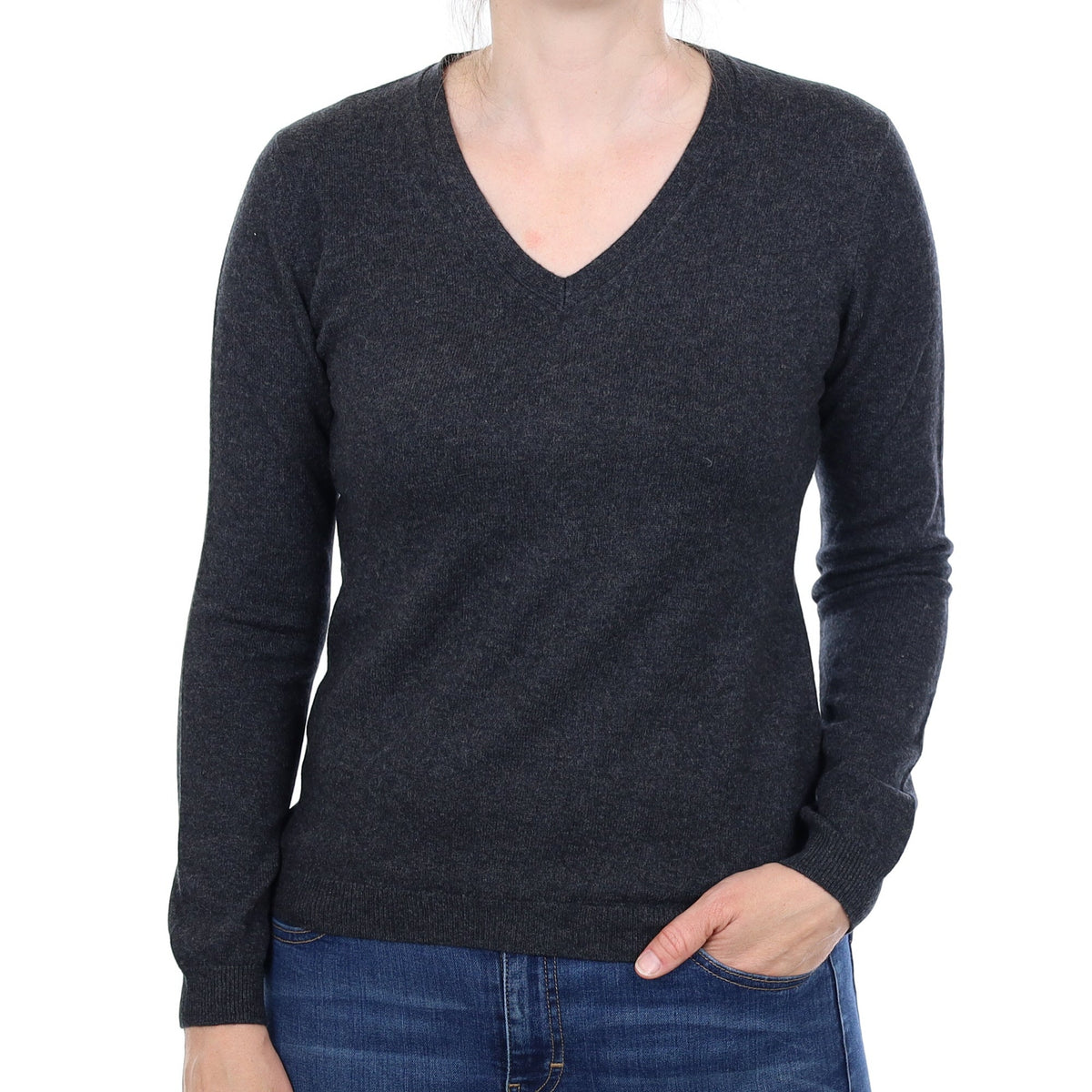 Charcoal Grey Cashmere V Neck Jumper Small