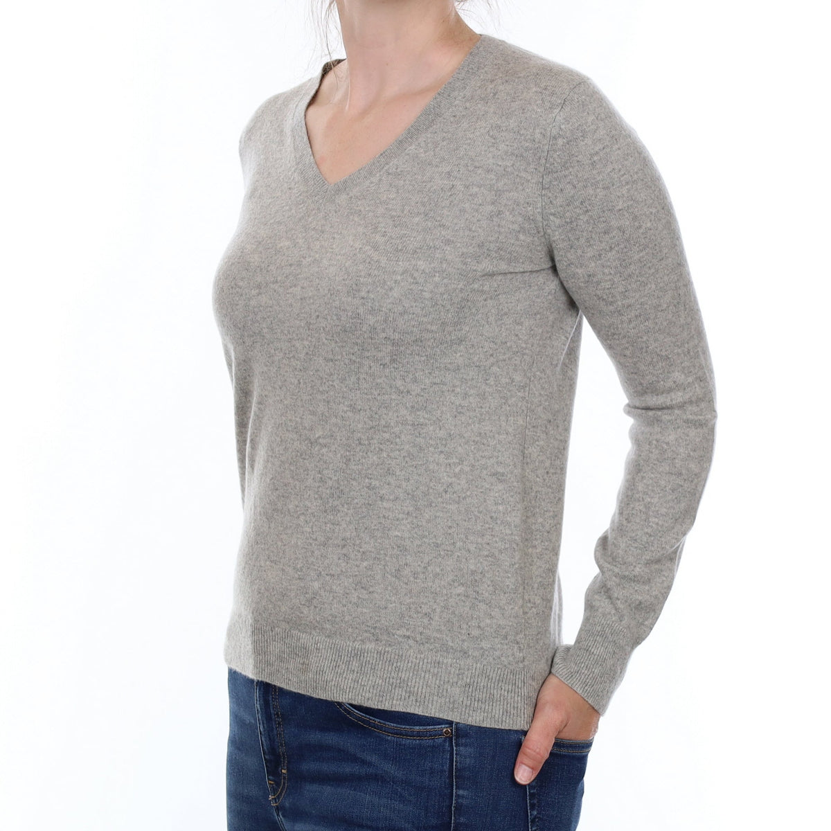 Mist Grey Cashmere V Neck Jumper Small