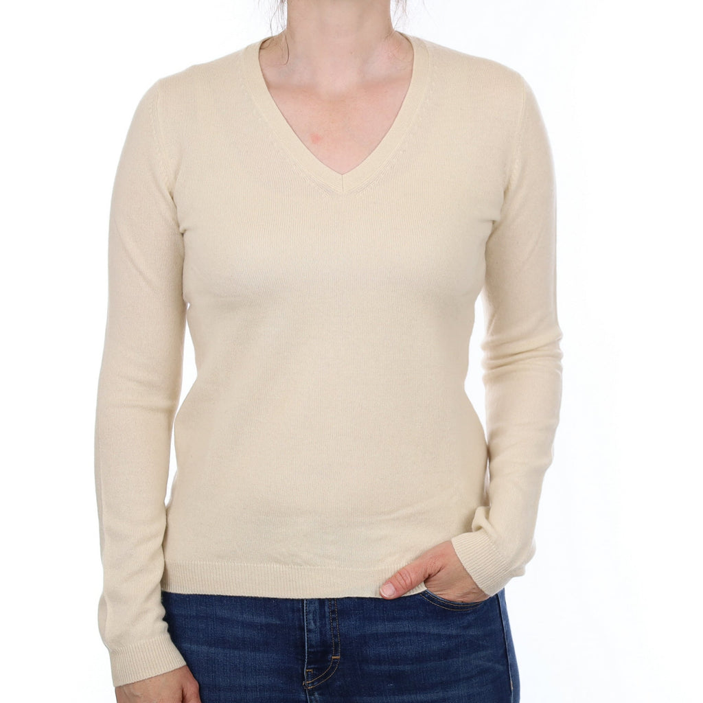 Vanilla Cream Cashmere V Neck Jumper Small