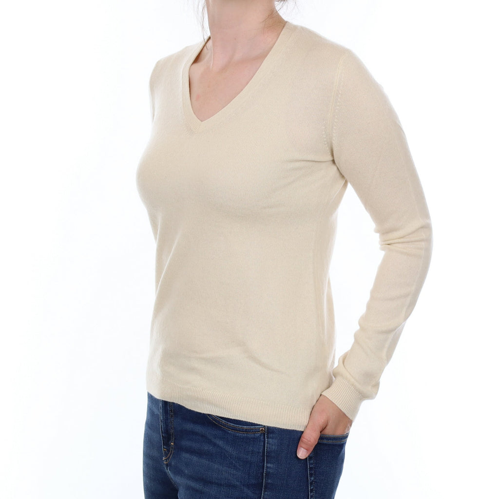 Vanilla Cream Cashmere V Neck Jumper Small