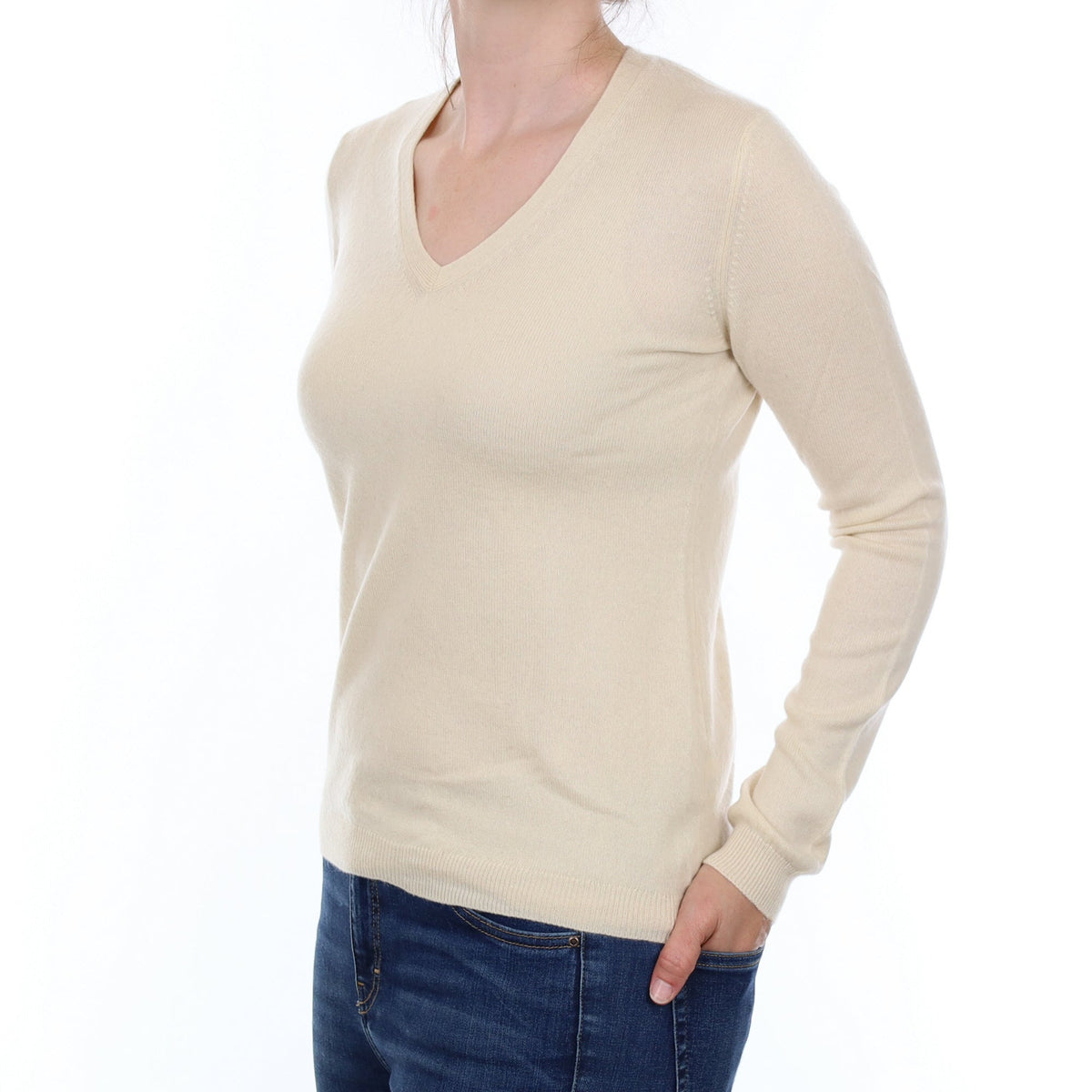 Vanilla Cream Cashmere V Neck Jumper Small