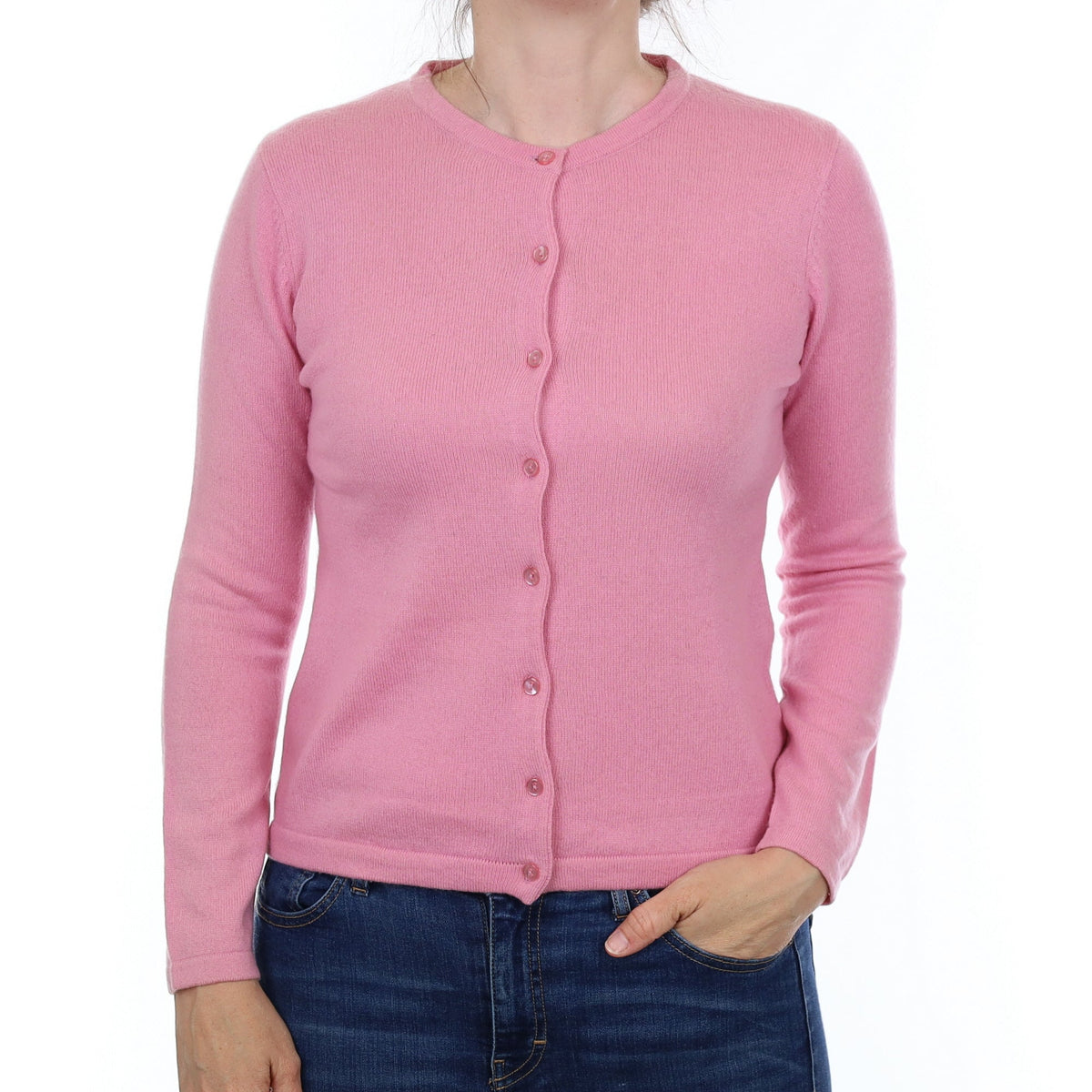 Candy Pink Cashmere Crew Neck Cardigan Small