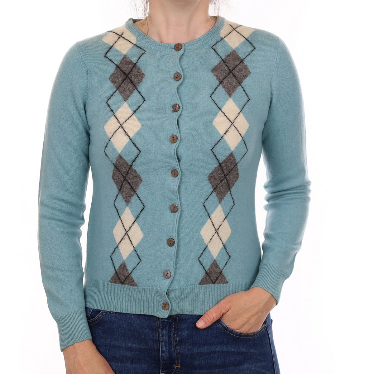 Duck Egg Diamond Cashmere Crew Neck Cardigan Small