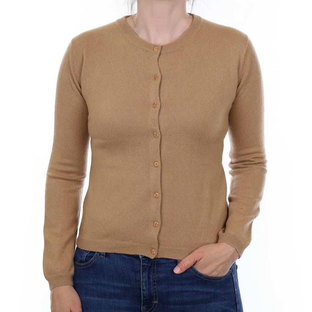 Caramel Brown Cashmere Crew Neck Cardigan Small