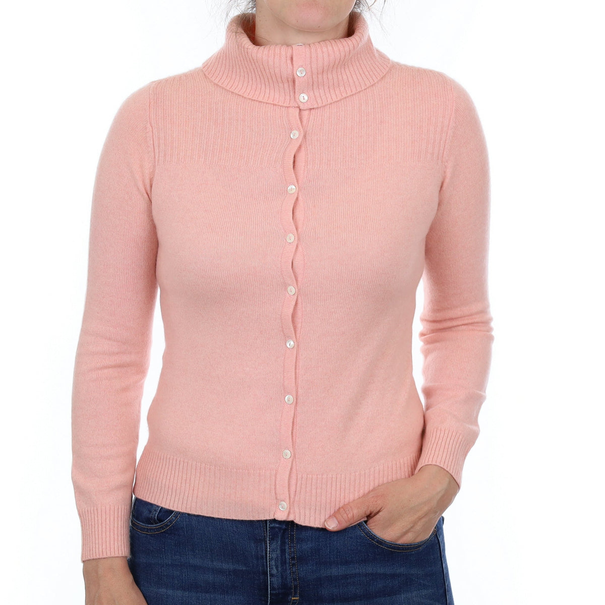 Shell Pink Cashmere Buttoned Polo Neck Cardigan Small