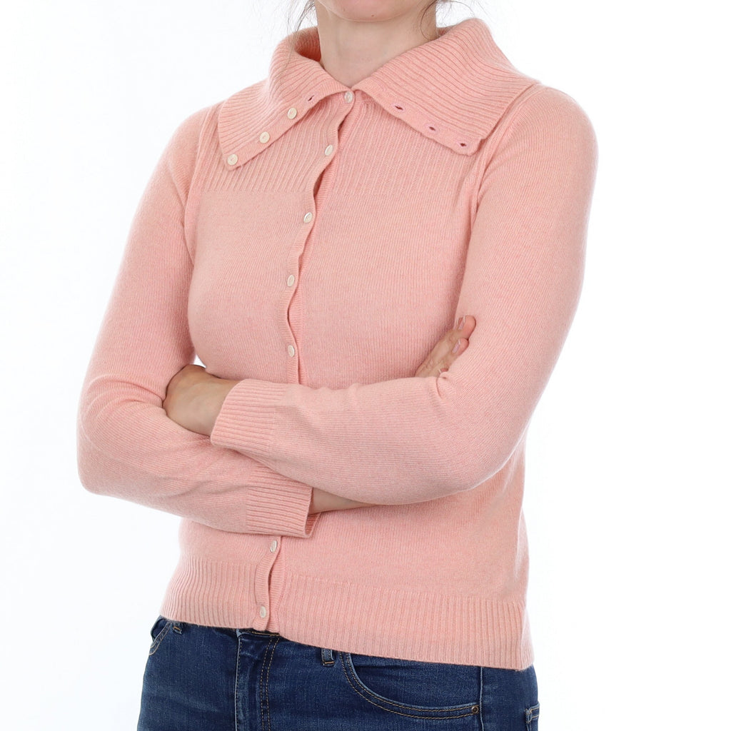 Shell Pink Cashmere Buttoned Polo Neck Cardigan Small