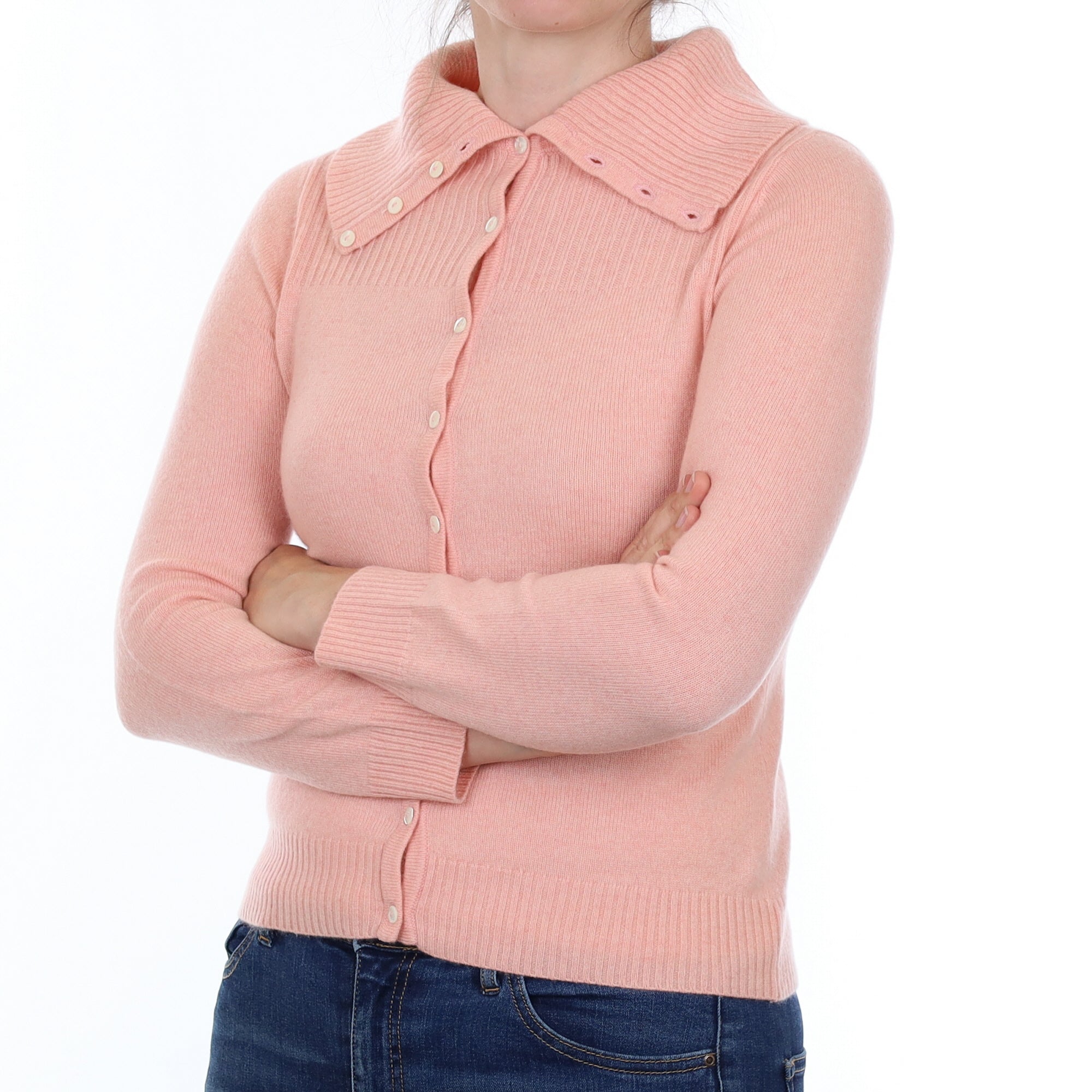 Shell Pink Cashmere Buttoned Polo Neck Cardigan Small