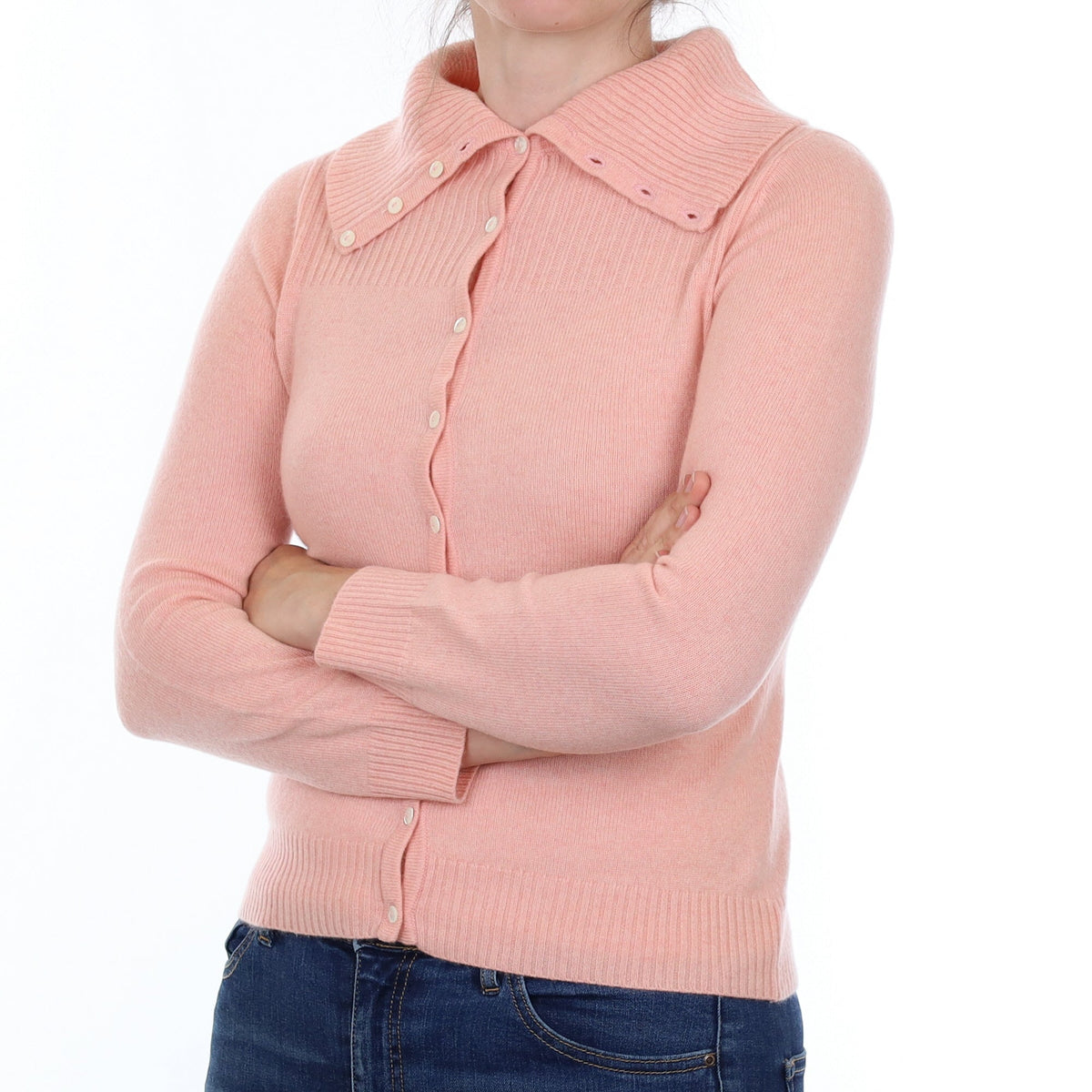Shell Pink Cashmere Buttoned Polo Neck Cardigan Small