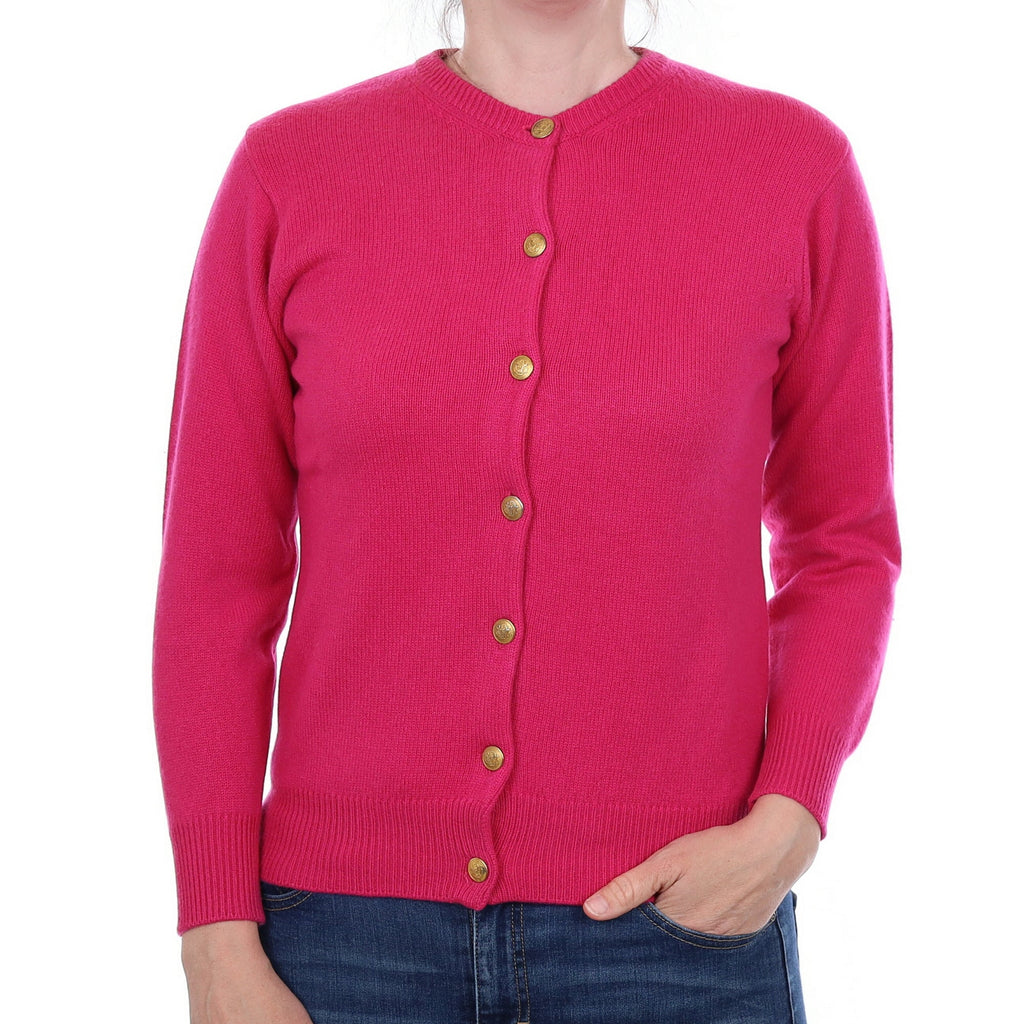 Fuchsia Pink Heavy Knit Cashmere Crew Neck Cardigan Small