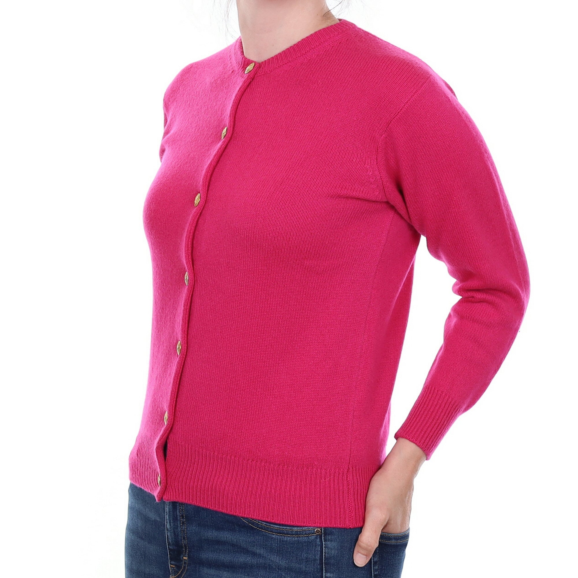 Fuchsia Pink Heavy Knit Cashmere Crew Neck Cardigan Small