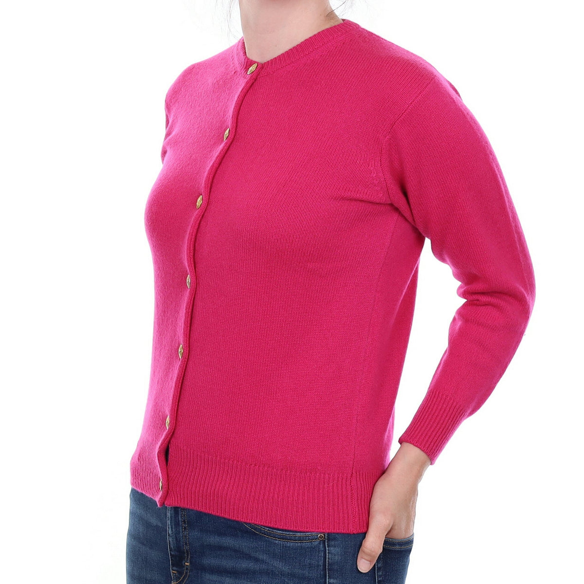 Fuchsia Pink Heavy Knit Cashmere Crew Neck Cardigan Small