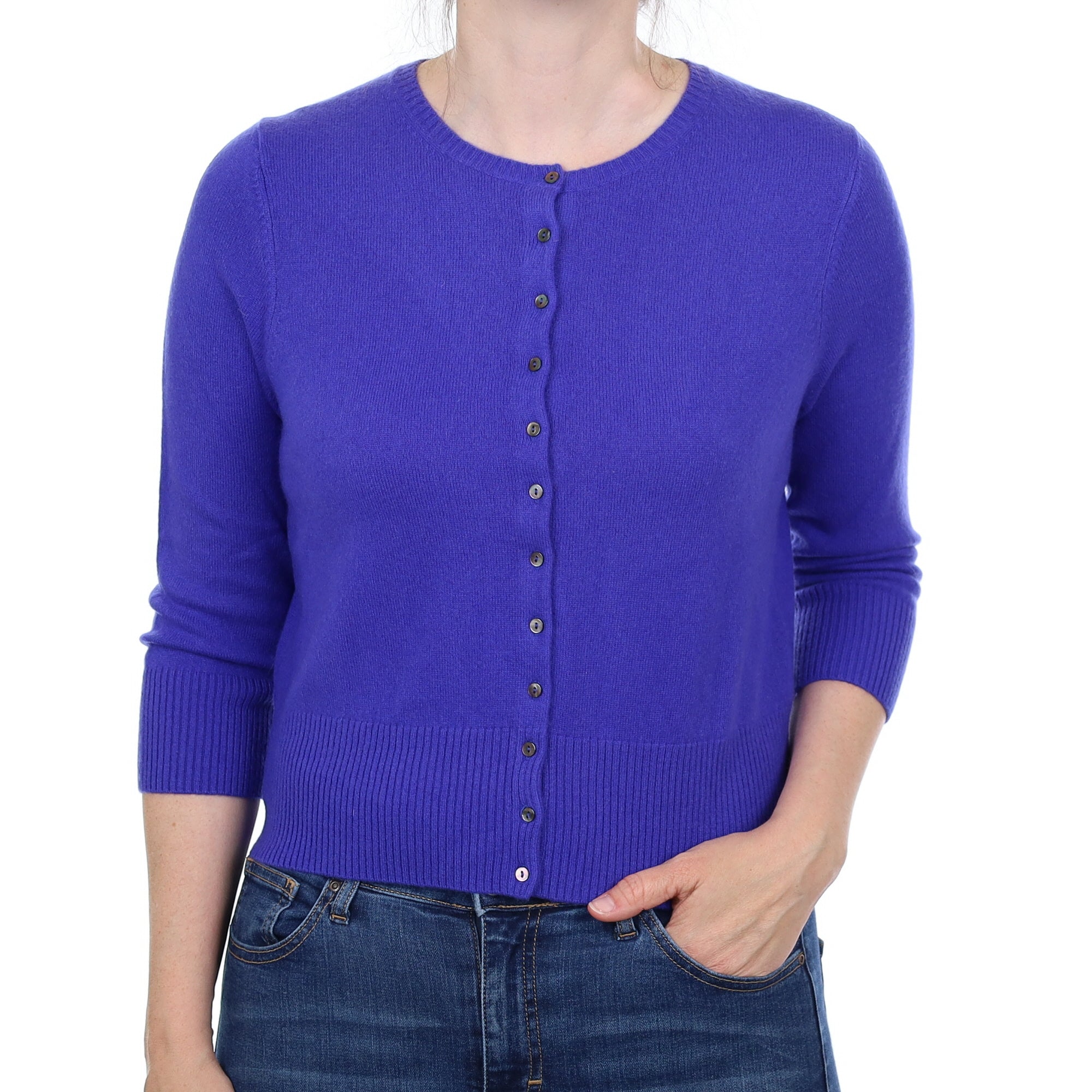 Deep Bluebell Purple Cashmere Crew Neck Cardigan Small