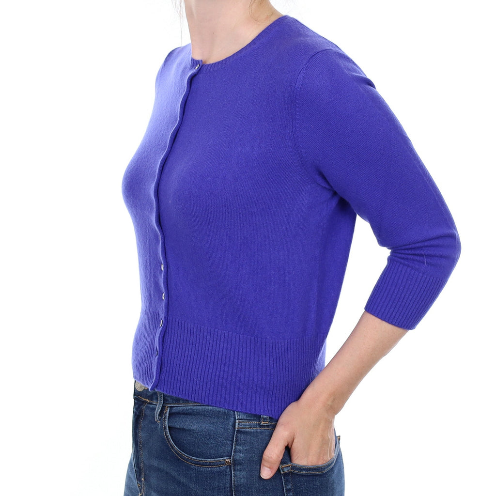 Deep Bluebell Purple Cashmere Crew Neck Cardigan Small
