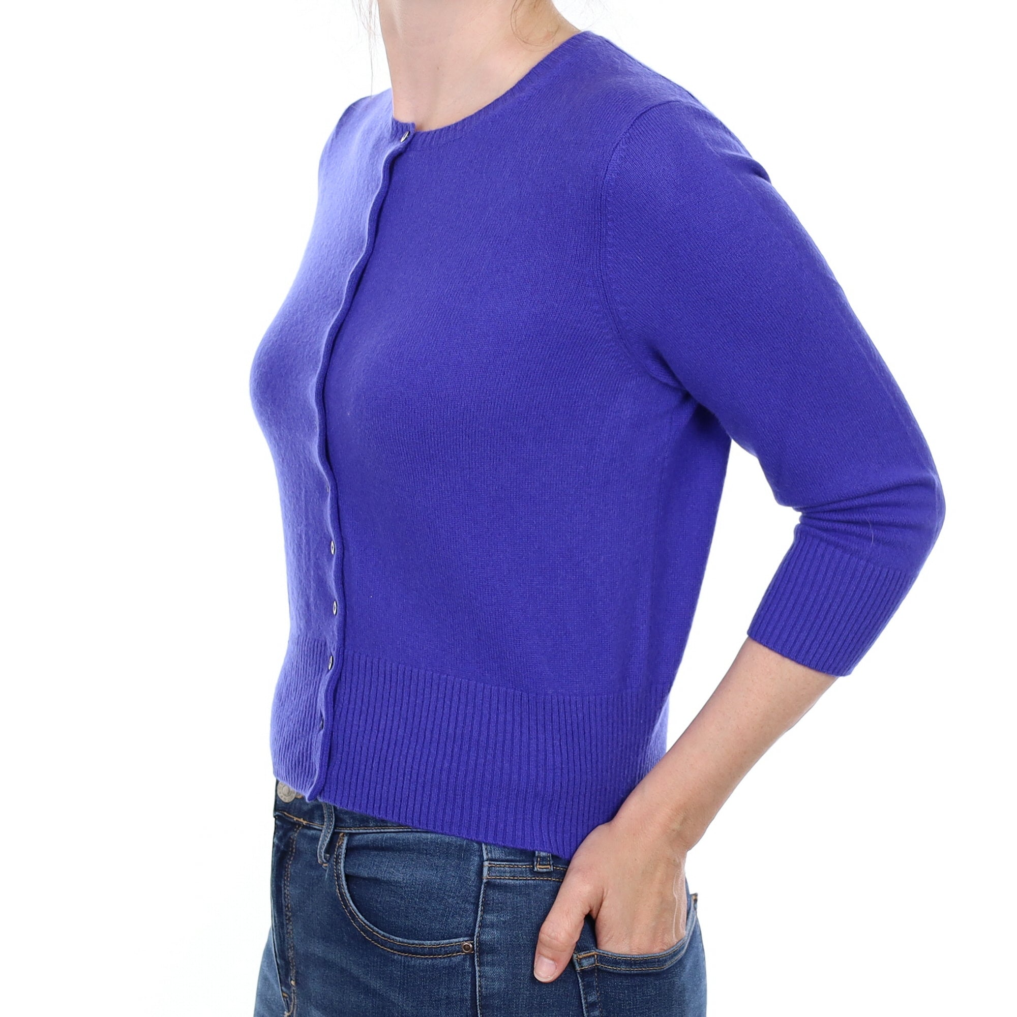 Deep Bluebell Purple Cashmere Crew Neck Cardigan Small
