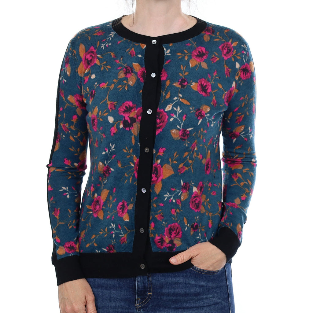 Teal Floral Fine Knit Cashmere Crew Neck Cardigan Small