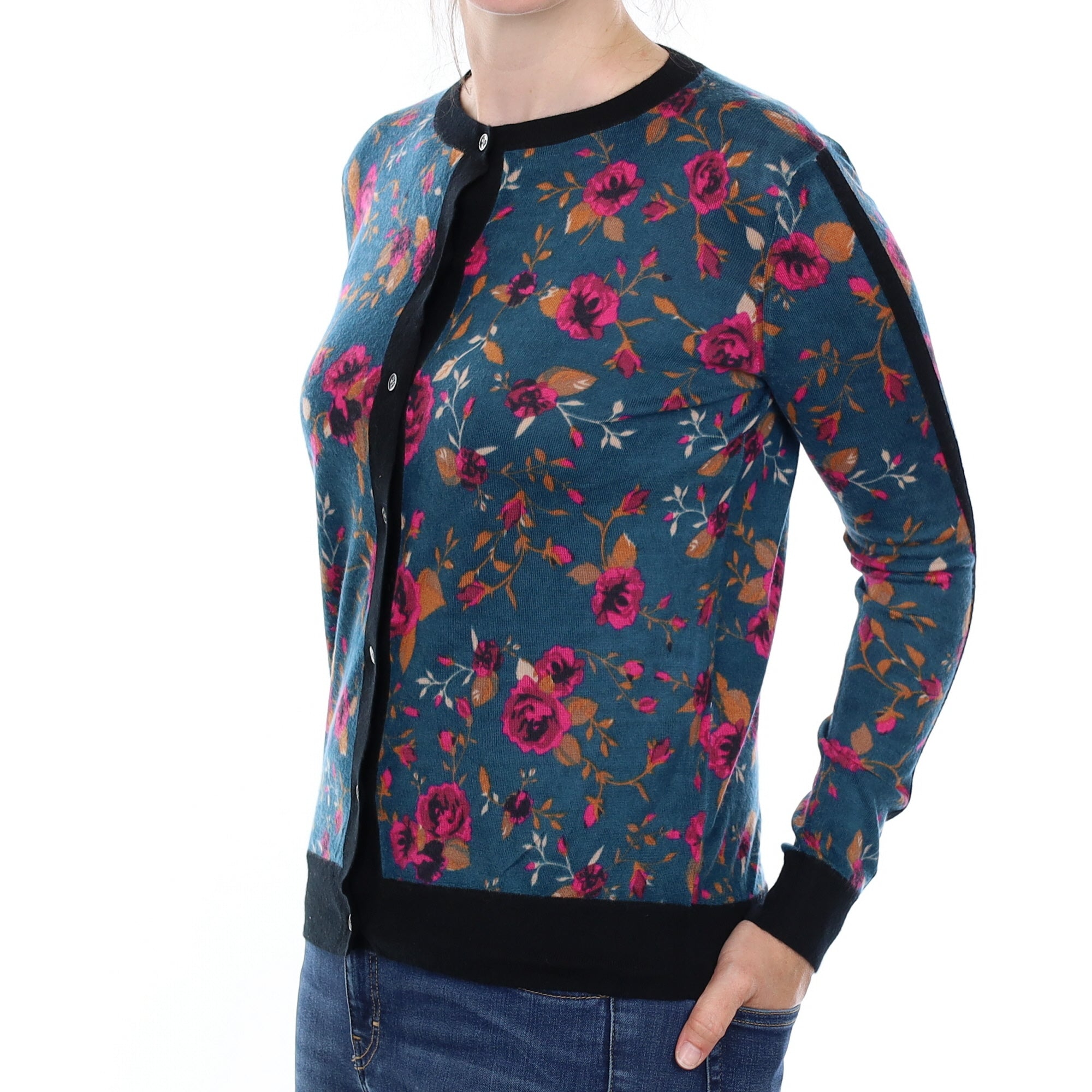Teal Floral Fine Knit Cashmere Crew Neck Cardigan Small